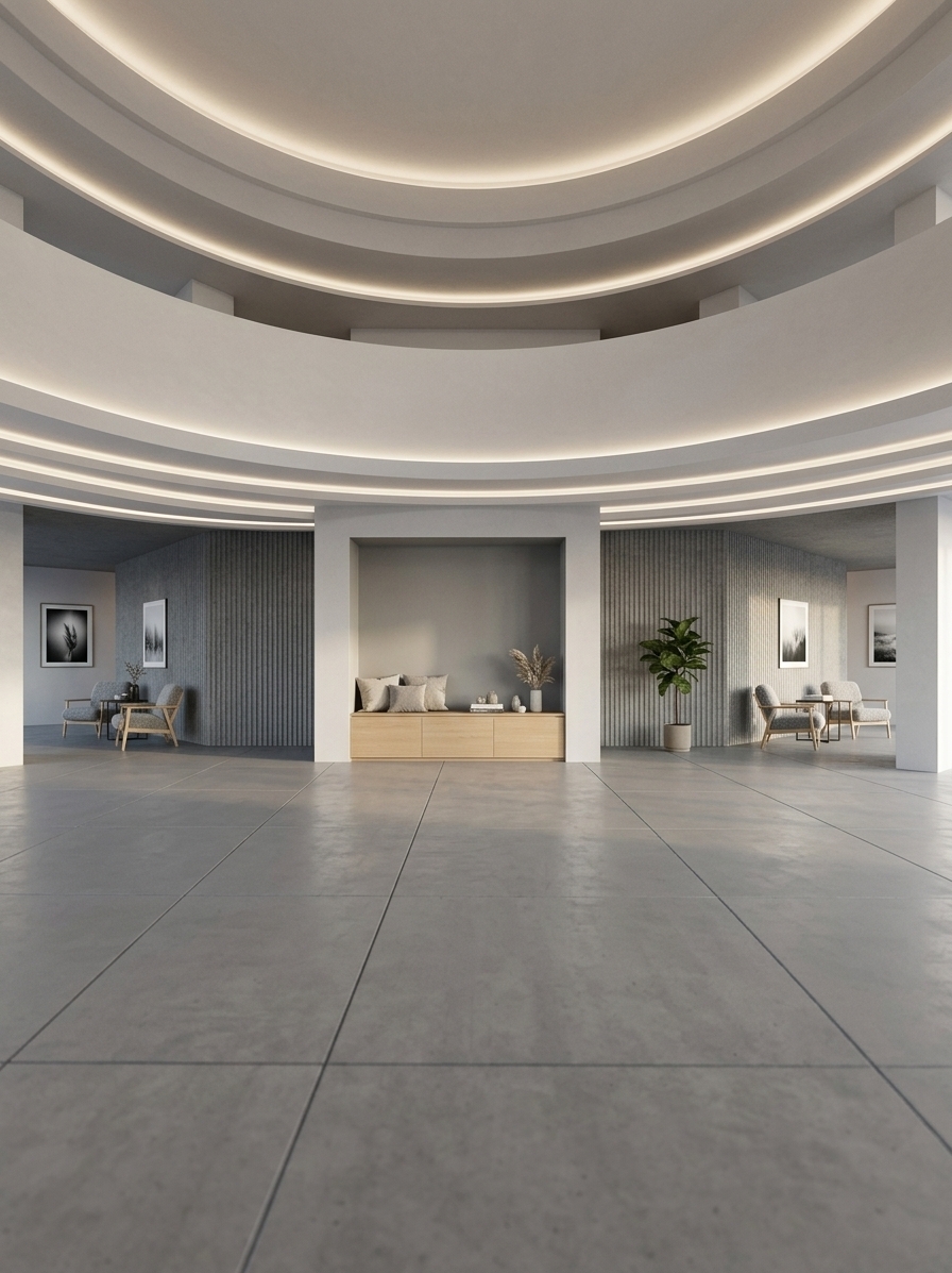 An incredibly lifelike, richly detailed, photorealistic eye-level interior shot of a hotel lobby set in a modern Scandinavian sanctuary. The scene is illuminated by diffused, soft morning light streaming through concealed large windows, creating a tranquil, airy, and serene atmosphere. Captured with a full-frame camera and a 35mm tilt-shift architectural lens, emphasizing smooth matte concrete finishes, subtle surface grain, and gentle ambient shadows. Monolithic plaster and cast concrete columns in understated shades of gray and white frame the spacious hall, acting as sculptural room dividers. Nested within the clean, geometric layout are minimalist wooden and metal furniture pieces adorned with plush neutral textiles, photography books carefully displayed on low tables, and delicate, nature-inspired wall art accenting the quiet alcoves. Subtle greenery subtly breaks up the clean monochromatic lines, infusing organic warmth and hygge charm into this perfectly balanced architectural haven.