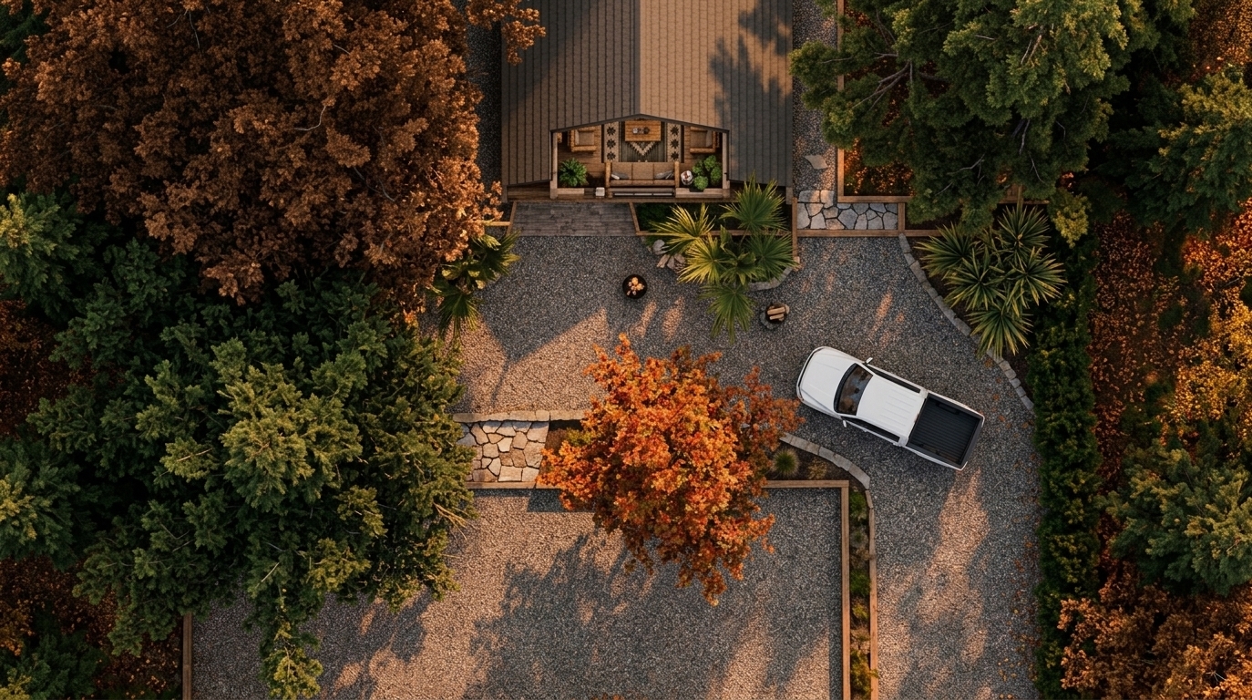 An incredibly lifelike, richly detailed, photorealistic top-down aerial landscape photo of a cozy mountain escape set in a secluded, rugged alpine environment during early autumn. The scene is illuminated by the warm, golden glow of a setting sunset, casting long, dramatic shadows through the canopy and creating an inviting, comfortable atmosphere. Captured with a high-altitude drone camera utilizing a sharp prime lens, emphasizing the rich, textured surfaces of crushed stone gravel paths, crisp rooflines, and foliage rendered in shades of deep greens, rich rust browns, and warm neutrals. Nestled peacefully amidst dense mature trees, the cabin-inspired estate features a white vehicle parked in the driveway and offers glimpses into an open-concept living room filled with log and sturdy wooden furniture, mountain-inspired decor, framed mountain range wall art, neatly placed photography books, and lush indoor plants that seamlessly blend rustic charm with natural elegance.
