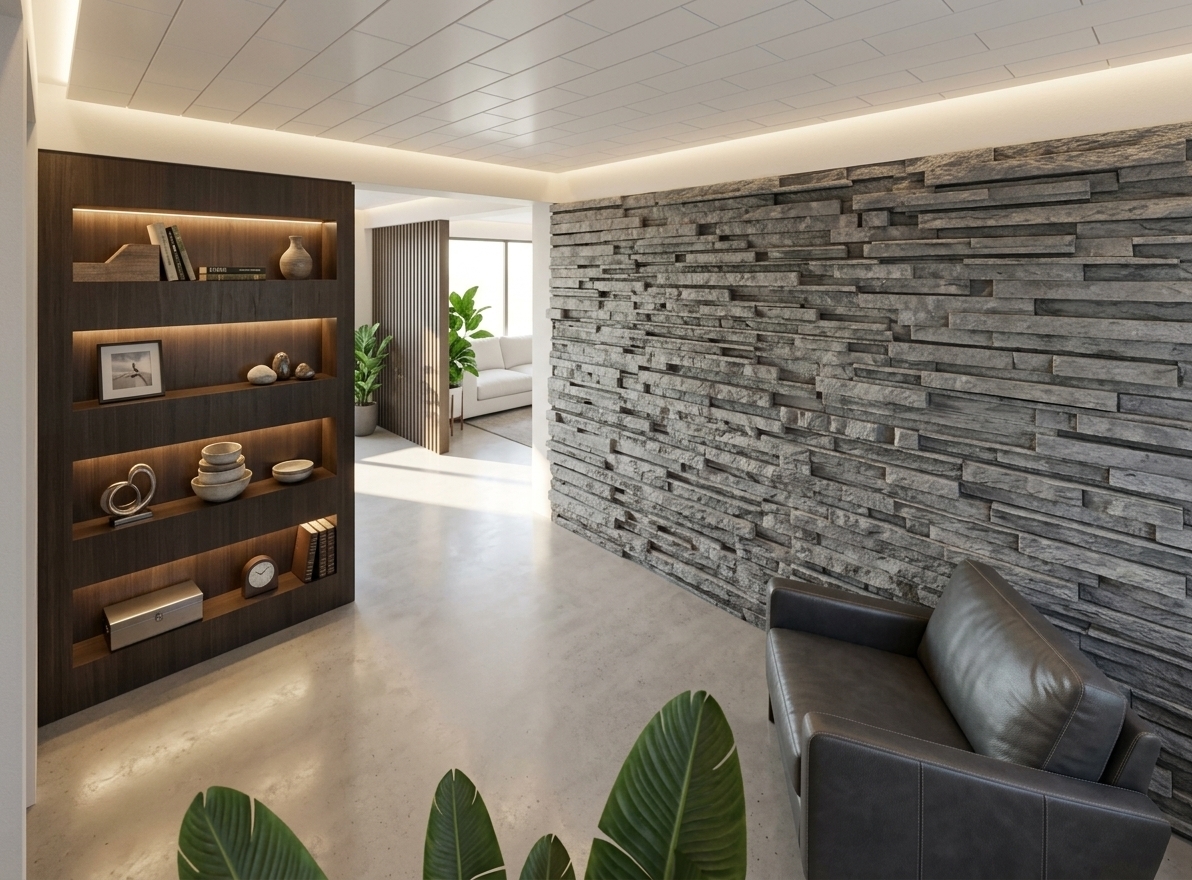 An incredibly lifelike, richly detailed, photorealistic wide-angle interior photo of a modern mudroom transformed into a minimalist haven set in a contemporary luxury residence. The scene is illuminated by warm, indirect LED cove lighting hidden along the ceiling edges and recessed shelving, creating a serene, sophisticated atmosphere. Captured with a 24mm architectural lens, emphasizing the tactile contrast between the raw grey stacked-stone accent wall and a pristine, smooth white ceiling overhead. To the left, a sleek dark-wood built-in shelving display showcases curated art objects, books, and sculptures under warm ambient backlighting. Resting adjacent to the stone feature wall is a modern dark grey leather armchair, while a seamless, polished light-concrete floor gracefully reflects subtle ambient highlights and leads the eye toward a sunlit living space in the background. Lush green tropical leaves frame the immediate foreground, completing this refined, architectural entryway.