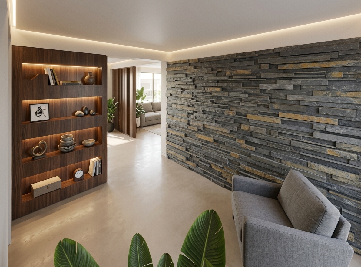 An incredibly lifelike, richly detailed, photorealistic wide-angle interior photo of a sophisticated mudroom entrance hallway set in a luxury contemporary residence. The scene is illuminated by warm, indirect LED perimeter strip lighting recessed into the ceiling along with soft natural daylight filtering in from the adjacent living room, creating a serene, warm, and contemporary elegance atmosphere. Captured with a 24mm architectural wide-angle lens, emphasizing the interplay between pristine smooth surfaces and rich tactile textures. 

The space features a perfectly smooth, seamless white ceiling devoid of any grid lines or seams, outlined by a subtle perimeter glow that highlights the dramatic horizontal stacked slate feature wall running along the right side. To the left, a tailored dark wood built-in wall unit features recessed floating shelves lit with warm LED strip lighting that beautifully displays curated ceramic art pieces, books, and decorative accents. A sleek, ultra-modern armchair with minimalist low-profile lines sits elegantly against the stone wall, resting atop a seamless, light-beige micro-cement floor that gently reflects the ambient warmth. In the immediate foreground, vibrant green tropical leaves frame the lower edge, guiding the eye toward the open hallway leading into a sunlit, elegant interior beyond.