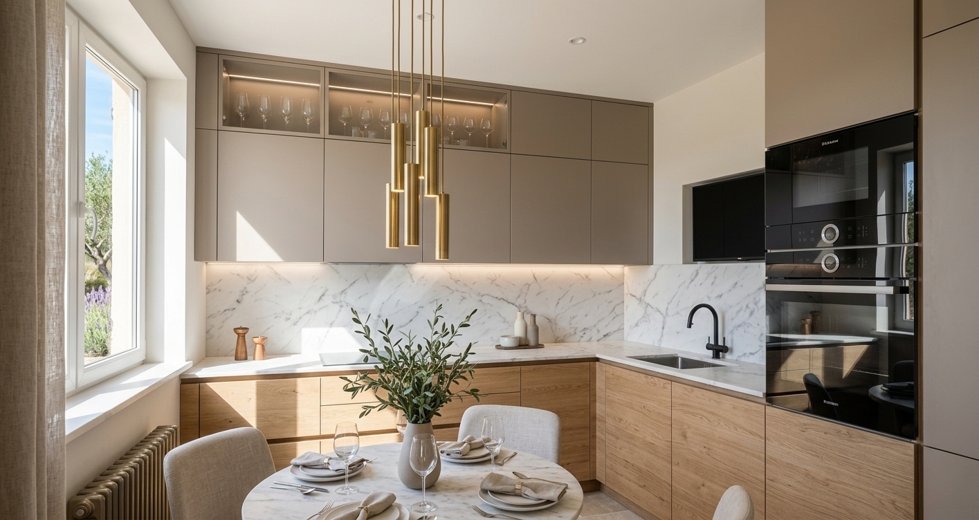 An incredibly lifelike, richly detailed, photorealistic wide-angle interior photo of a contemporary kitchen set in a tranquil Mediterranean retreat. The scene is illuminated by bright midday spring sun streaming through a wide window alongside soft, under-cabinet LED strip lighting and warm-glowing brushed-brass tubular pendants, creating a serene, sophisticated, and airy atmosphere. Captured with a professional 35mm lens, emphasizing the delicate gray veining of the white marble countertops and splashback, the smooth matte taupe upper cabinetry, and the organic texture of light-oak lower drawers. 

The thoughtful design features a black wall-mounted flat-screen TV positioned directly above the sink area, harmonizing perfectly with the dark built-in wall ovens and sleek matte-black faucet. Upper glass-front cabinets gently illuminate curated stemware within, while in the foreground, an intimate round marble dining table is thoughtfully dressed with linen napkins, wine glasses, and a ceramic vase filled with leafy spring branches, inviting effortless everyday luxury.