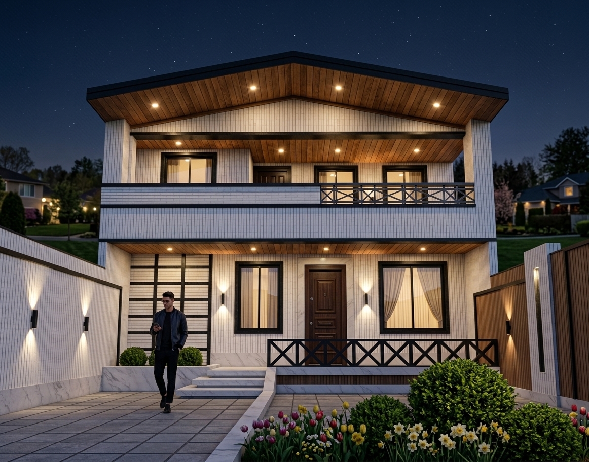 An incredibly lifelike, richly detailed, photorealistic front elevation architectural shot of a luxurious modern two-story home set in a serene suburban landscape on a crisp spring night. The scene is illuminated by warm ambient light streaming through curtained windows, recessed warm LED downlights in the rich wooden ceiling soffits, and dramatic up-and-down linear wall sconces along the exterior, creating a sophisticated and welcoming techno-wonderland atmosphere. Captured with a 35mm architectural tilt-shift lens, emphasizing the crisp vertical white brick cladding accented by sleek 10-centimeter black stone stripes, warm timber textures, and bold matte-black window frames. 

The upper terrace roof and ceiling feature refined natural wood planking, casting a soft glow over the upper balcony. Preserving the original layout, the black-framed windows display sheer interior drapes softened by internal light, while a polished dark wood entrance door anchors the ground floor porch behind black geometric cross-railings. In the manicured front yard, lush spring flowers, manicured green bushes, and stone pavers lead up to the porch, where a stylish person casually strolls through the beautifully lit courtyard. Deep shadows and sharp reflections on the stone accents enhance the depth and high-end elegance of this nighttime visualization.