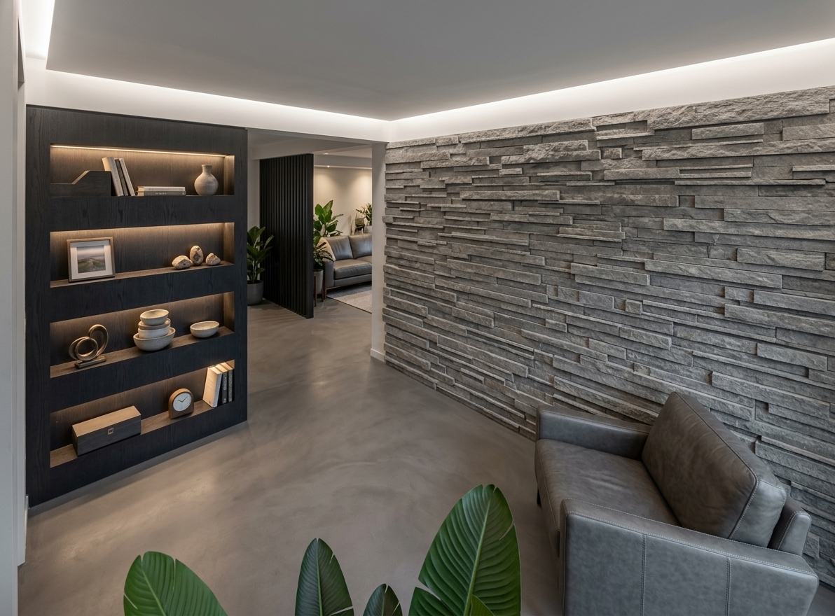 An incredibly lifelike, richly detailed, photorealistic interior photo of a serene mudroom and transitional foyer set in a modern minimalist haven. The scene is illuminated by ambient perimeter cove lighting tucked along a smooth white ceiling—completely seamless and devoid of any visible lines or joints—complemented by warm, hidden LED strip accents built into custom cabinetry, creating a calm, sophisticated atmosphere. Captured with a wide-angle architectural lens, emphasizing the tactile harmony between the rugged, horizontally stacked grey stone feature wall and the smooth, matte microcement floor below. On the left, a dark charcoal timber built-in display wall features recessed backlit shelving curated with ceramic bowls, books, and sculptural decor. Lush, broad-leaf tropical plants in the foreground frame the view toward a low-profile grey leather armchair, while the distant doorway opens into a tranquil, enclosed lounge area carefully redesigned without exterior windows to foster an intimate, cocoon-like architectural retreat.