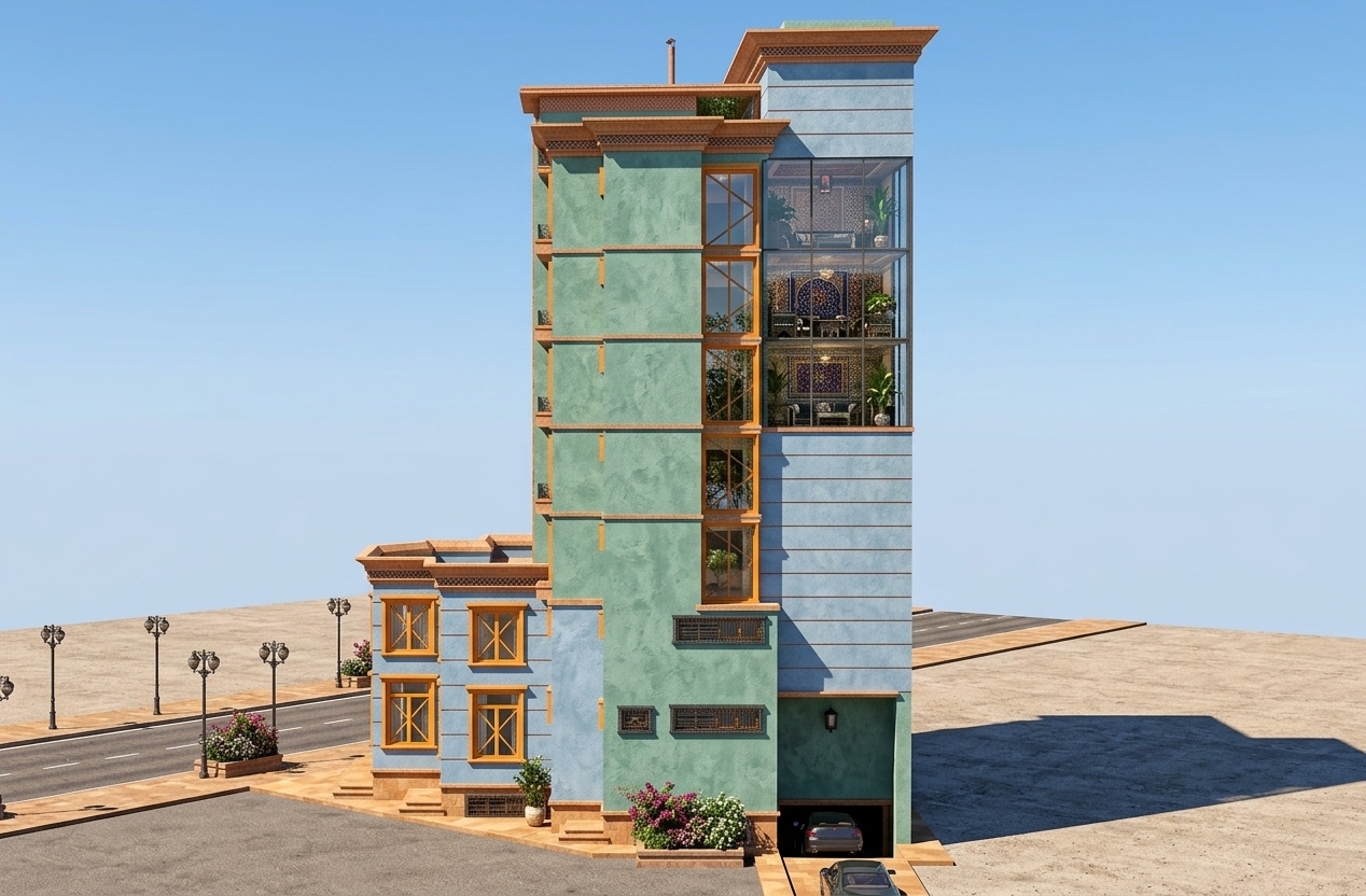 An incredibly lifelike, richly detailed, photorealistic exterior architectural photo of a modern multi-story boutique residence infused with Moroccan mystique, set in an upscale urban neighborhood during a clear spring day. The scene is illuminated by brilliant midday sunlight, creating a warm, vibrant, and exotic atmosphere with crisp, defined shadows. Captured with a 35mm architectural tilt-shift lens, emphasizing rich textured plasterwork, vibrant terracotta trim, and intricate geometric details, the building features striking seafoam green and soft blue facade panels complemented by bold, saffron-orange window frames and detailed decorative cornices. At the base, a subterranean garage entrance accommodates parked vehicles alongside stone steps framed by lush planter boxes. Visible through the expansive floor-to-ceiling windows, the interior spaces showcase an opulent Moroccan decor style featuring dark carved wooden and polished metal furniture, elaborate geometric wall art in shades of deep blues, reds, and golds, intricate patterned surfaces, and flourishing indoor plants that bring life and rich color to every story.