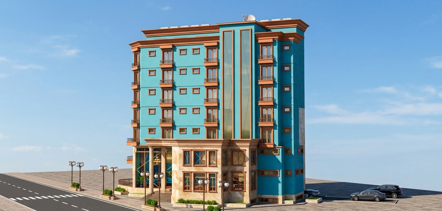 An incredibly lifelike, richly detailed, photorealistic low-angle exterior perspective photo of a multi-story Moroccan-inspired luxury building set in a sun-drenched urban boulevard. The scene is illuminated by crisp, bright spring midday sunlight, creating a warm, vibrant, and exotic atmosphere. Captured with a professional 24mm tilt-shift lens, emphasizing smooth turquoise stucco finishes, detailed terracotta-orange window surrounds, and glossy glass facades. 

The building displays a striking fusion of contemporary structure and rich Middle Eastern charm, with repeated stacked balconies featuring ornate metal railings, tall vertical glass lightwells, and a grand ground-floor entrance portal framed by polished stone columns. Along the pristine dark asphalt street and wide stone pavement, vintage-style multi-globe street lamps on decorative pedestals line the curb alongside manicured green planters. Behind the large glass panels of the lower level, tantalizing glimpses of lavish Moroccan decor reveal geometric wall art, shades of deep blues, reds, and golds, carved wooden and brass accents, and flourishing indoor foliage. Sharp, defined shadows fall across the facade under the bright clear sky, highlighting the rich textures and bold color palette of this architectural masterpiece.