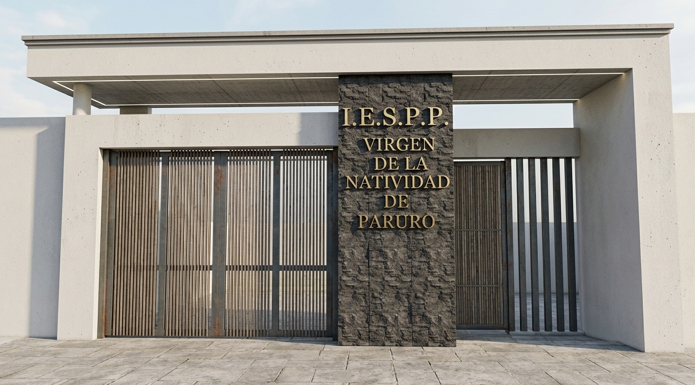 A crisp architectural photograph capturing the modern institutional entrance facade at eye level, retaining the exact geometry and composition of the scene under bright, natural daylight. The prominent central pillar is clad in dark split-face slate stone cladding with tactile, irregular micro-textures and subtle dark grey tonal variations, adorned with polished metallic gold lettering that catches soft, specular highlights. Flanking the central pillar, the vertical slate-grey steel slats and gates feature a matte powder-coated finish, creating precise, soft vertical shadow lines against the recessed interior. The surrounding architectural frame and flat roof overhang are composed of smooth off-white exterior stucco with natural surface micro-imperfections and microscopic grain. Beneath, the ground is a light grey broom-finished exterior concrete pavement featuring realistic subtle wear, fine texture, and tonal shifting. The background behind the metal slats remains clean and uncluttered under a neutral, overcast sky, recorded through a professional 35mm tilt-shift architectural camera lens with edge-to-edge sharpness, natural color rendition, subtle vignetting, and clean atmospheric depth.