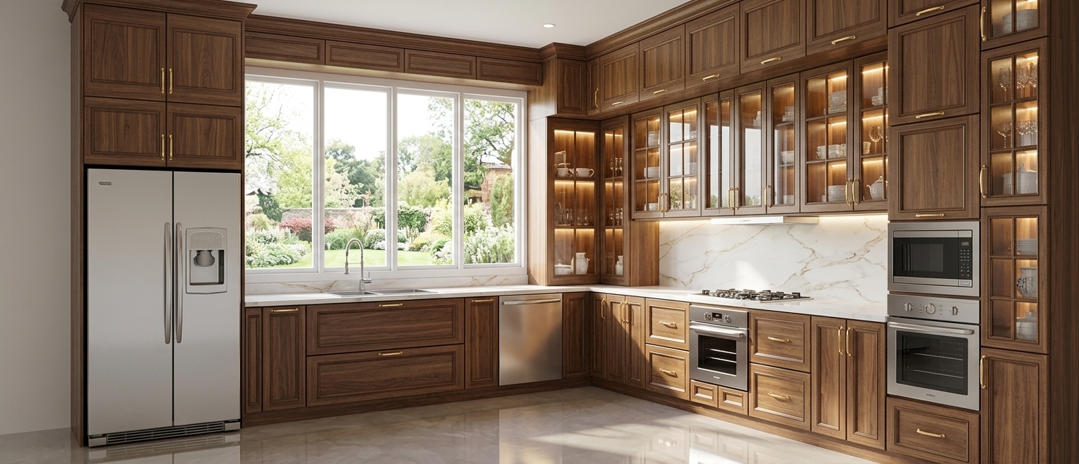 An incredibly lifelike, richly detailed, photorealistic wide-angle interior photo of a grand L-shaped colonial classic kitchen set in an opulent modern residence. The scene is illuminated by bright midday spring sunlight streaming naturally through the expansive four-panel window, perfectly blended with soft, warm concealed LED lighting built into the glass cabinets and valances, creating a rich, welcoming, and serene atmosphere. Captured with a professional 24mm architectural camera lens, emphasizing the fine walnut wood grain, subtle bevel sheens, and exquisite materials throughout. Elegant, polished gold handles adorn every cabinet door and drawer, adding a refined jewel-like accent to the traditional woodwork. Inside the glass-mullion upper cabinets, integrated warm backlighting softly illuminates meticulously arranged fine china tableware and crystal. Pristine white marble countertops and backsplashes feature smooth, elegant gold veining that complements the stainless-steel double wall ovens, built-in cooktop, side-by-side refrigerator, and gooseneck faucet. Below, a glossy, high-end polished floor gently reflects the light, cabinetry, and window view, while a charming spring garden landscape with soft daylight sheens glimmers realistically through the pristine window panes.