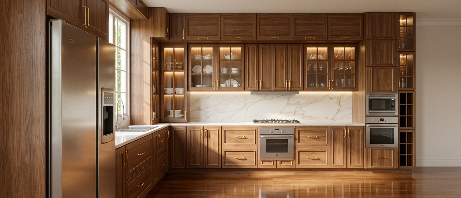 An incredibly lifelike, richly detailed, photorealistic eye-level interior photo of a grand colonial classic kitchen set in a luxurious residential estate. The scene is illuminated by soft concealed cabinet lighting and bright midday spring sunlight streaming through the window, creating a serene, warm, and inviting atmosphere. Captured with a high-end 35mm architectural lens, emphasizing the rich natural wood textures, gleaming gold accents, and polished marble surfaces, the design perfectly maintains its original architectural dimensions. The warm timber cabinetry features refined raised-panel details, subtle edge sheens, and elegant, polished gold handles adorning every door and drawer. Upper mullioned glass cabinets glow with soft, warm interior LED illumination, beautifully displaying carefully arranged fine porcelain tableware and crystal glassware. A high-end Calacatta marble backsplash features smooth, delicate gold veining that adds a rich layer of sophistication above the seamless countertop and integrated cooktop. Bright, natural spring light filters through the double-hung window glass, casting realistic soft shadows and displaying a charming, lush green outdoor view with subtle glass reflections. Professional brushed stainless steel appliances—including a spacious side-by-side refrigerator and stacked built-in wall ovens—anchor the space with contemporary functionality. Below, a mirror-polished floor reflects the golden ambient light and wooden cabinetry in soft, dreamy highlights, completing this masterpiece of classic elegance.