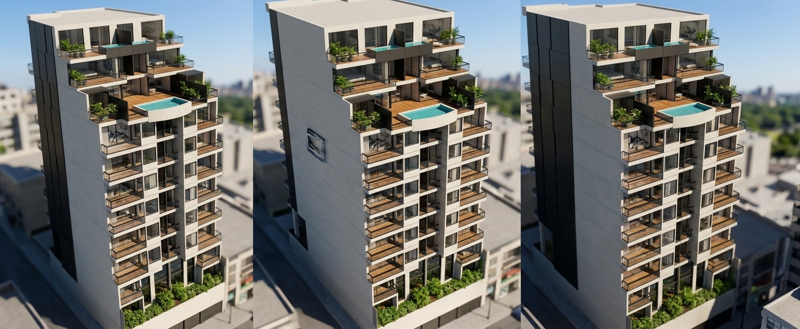 An incredibly lifelike, richly detailed, photorealistic three-quarter perspective architectural photo of a modern fusion residential tower set in a vibrant urban environment. The scene is illuminated by bright, direct midday summer sunlight, creating a clean, dynamic atmosphere with sharp geometric shadows framing its bold silhouette. Captured with a professional 24mm tilt-shift lens, emphasizing the smooth off-white exterior concrete, dark metallic paneling, polished glass, and warm teak wood decking. The building boasts a modular, stepped upper profile where receding terraces feature private turquoise plunge pools, lush greenery, and teak wood lounge decks. A rhythmic cascade of glass-railed balconies defined by black steel accents extends down the facade. Floor-to-ceiling glass windows reveal open-concept interiors with sleek mudrooms, modern metallic finishes, and minimal yet impactful decor, including large-scale abstract wall art. At the base, lush green manicured plantings offer a refreshing organic contrast to the sophisticated, contemporary structure.