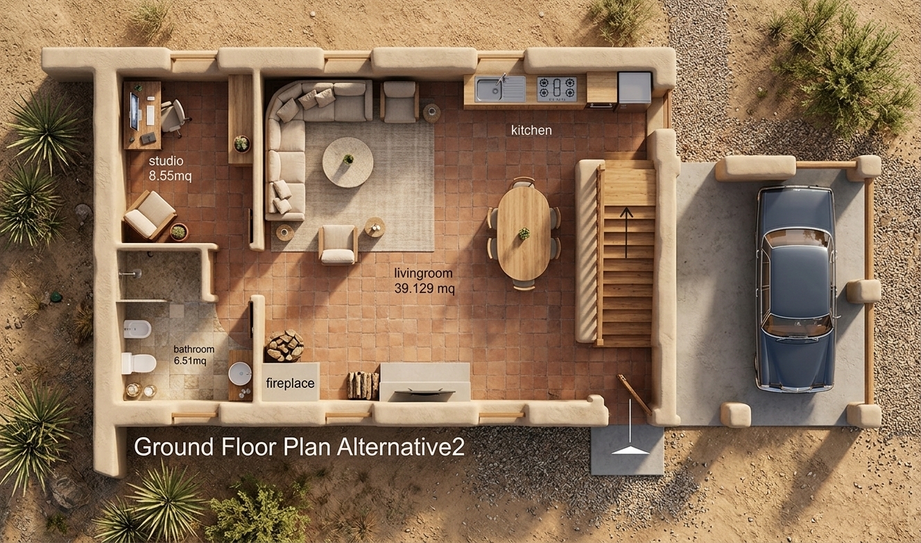 An incredibly lifelike, richly detailed, photorealistic wide-angle overhead floorplan photograph of a luxurious desert retreat home set in a sun-drenched Southwestern environment. The scene is illuminated by warm, natural light pouring through deep-set window openings, creating a tranquil and inviting atmosphere. Captured with a high-resolution architectural lens, emphasizing the rich textures of smooth beige adobe walls, rustic terracotta tile flooring, and natural wooden finishes throughout. The spacious open-concept living area features a large L-shaped sectional in soft beige linen, a sleek modern fireplace, a cozy TV lounge, and a streamlined kitchen counter paired with an oval dining table. Off to the left, a dedicated studio workspace and a fully appointed bathroom exhibit minimalist elegance with subtle desert decor, including potted succulents and cacti. To the right, a classic sedan sits neatly parked within the attached covered garage, highlighting the seamlessly designed spatial flow of this earth-toned, serene architectural layout.