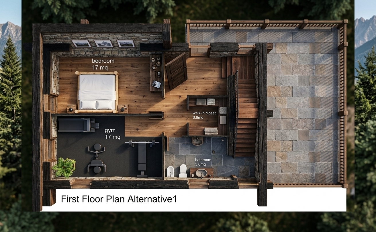 An incredibly lifelike, richly detailed, photorealistic architectural top-down photograph of a cozy bedroom and home gym floorplan set in a luxurious mountain escape cabin nestled in the high Alps. The scene is illuminated by soft daylight streaming through large window openings and warm interior ambient lights, creating an inviting, tranquil atmosphere. Captured with a wide-angle tilt-shift lens, emphasizing rich natural wood grain, rugged stone textures, and plush woven fabrics. The spatial layout showcases a master bedroom featuring a sturdy log bed topped with crisp white linens, flanked by matching nightstands, framed mountain range wall art, and open photography books on a rustic console table. Adjacent to the bedroom, a home gym displays modern workout equipment alongside a vibrant indoor potted plant. The interior features a refined color palette of deep forest greens, rich chocolate browns, and warm neutral tones, while a stone-tiled bathroom, open walk-in closet, and an expansive paved outdoor terrace complete this masterfully designed alpine retreat.