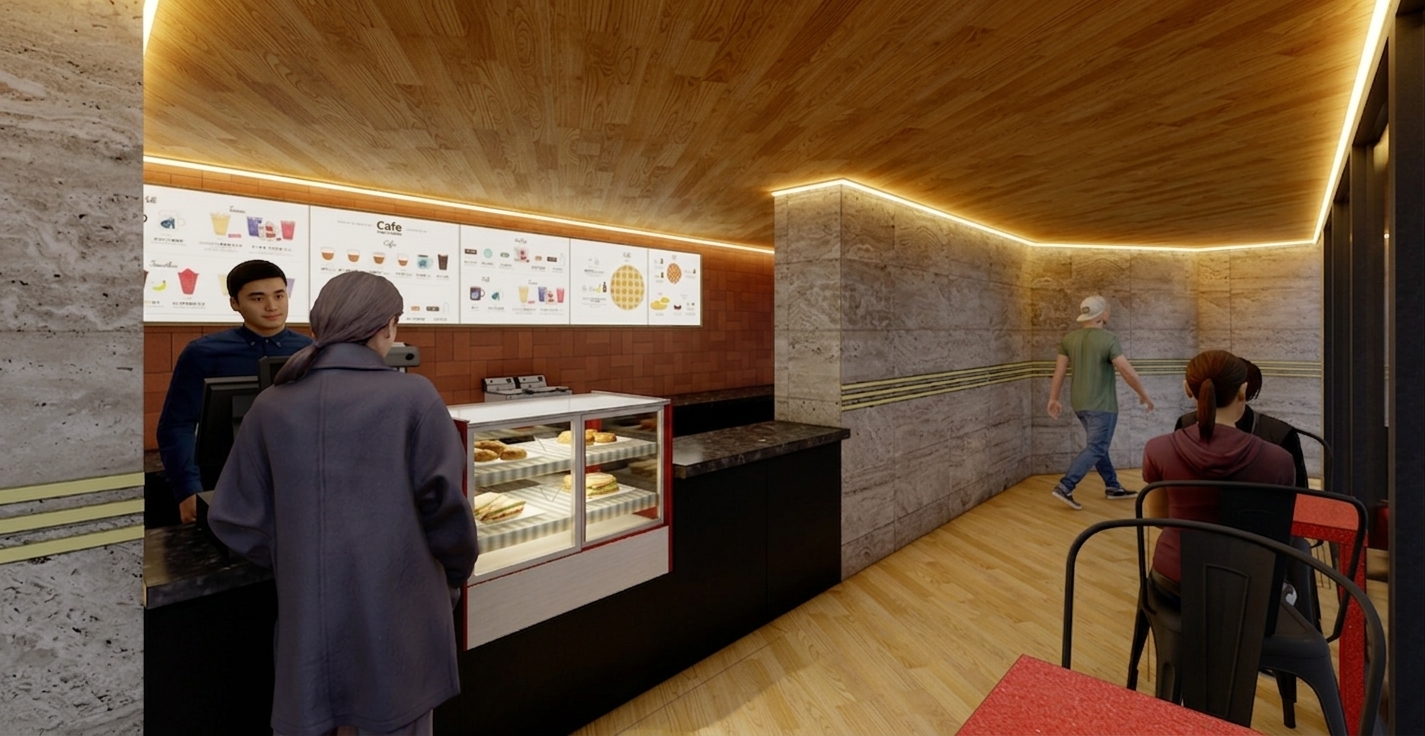 A professional architectural interior photograph of the modern cafe scene, precisely maintaining the original camera position, wide-angle perspective, spatial layout, and subject placement. A subtle, continuous warm 3000K LED strip light is embedded along the perimeter contour where the wooden slat ceiling meets the travertine walls and brick backdrop, casting a soft, diffuse glow downward that accentuates the texture of the stone and brick while illuminating the edge of the ceiling. The space is captured with a 24mm lens at f/4, creating a balanced exposure between the warm ambient ceiling lighting, the illuminated menu displays behind the counter, and the soft indoor lighting. Realistic surface physics are fully rendered: delicate reflections and fingerprints on the glass display case, satin sheen on the dark polished counter, distinct wood grain with natural matte sheen on the ceiling and floor, and authentic porous texture on the travertine stone panels. The figures feature realistic fabric folds, natural skin tones, and soft contact shadows on the floor. Faint lens vignetting, subtle chromatic aberration near the frame edges, and fine film grain enhance the organic photorealistic quality of the photograph.