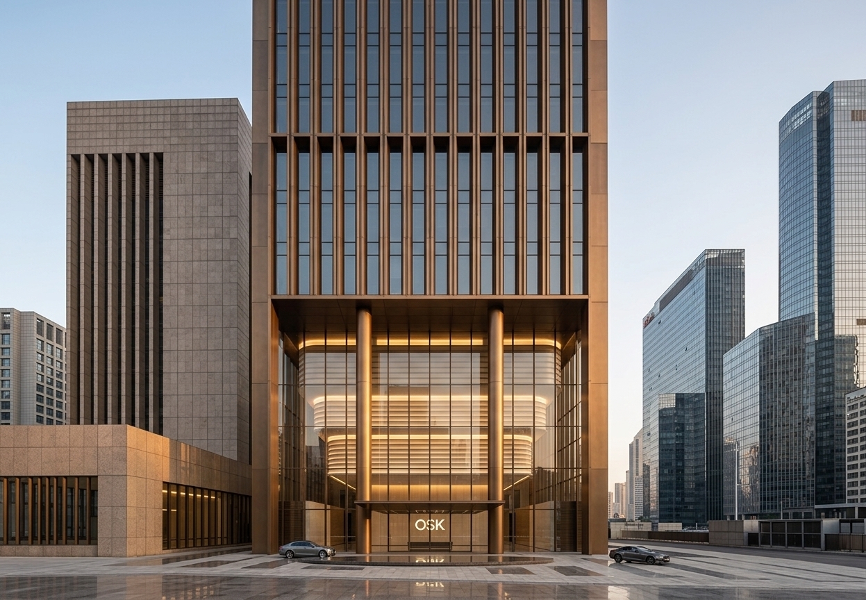 An incredibly lifelike, richly detailed, photorealistic front-on hero elevation architectural photo of an iconic Grade A corporate office tower set in a sleek, modern financial center. The scene is illuminated by warm, late-afternoon golden-hour sunlight casting soft, elegant shadows, creating a prestigious, serene, and sophisticated atmosphere. Captured with a professional 24mm tilt-shift architectural lens from a low perspective, emphasizing the metallic warmth of the vertical bronze fins, the crystal-clear transparency of the soaring curtain-wall lobby, and the polished reflective stone of the foreground plaza. Two monumental bronze columns anchor the grand, double-height atrium, revealing an interior minimalist haven with layered, softly backlit ceiling bands that suggest an elite coworking space within. Centered impeccably around the glowing "OSK" entrance logo, the perfectly symmetrical composition commands attention, framing the building's refined structural geometry against a quiet urban backdrop.