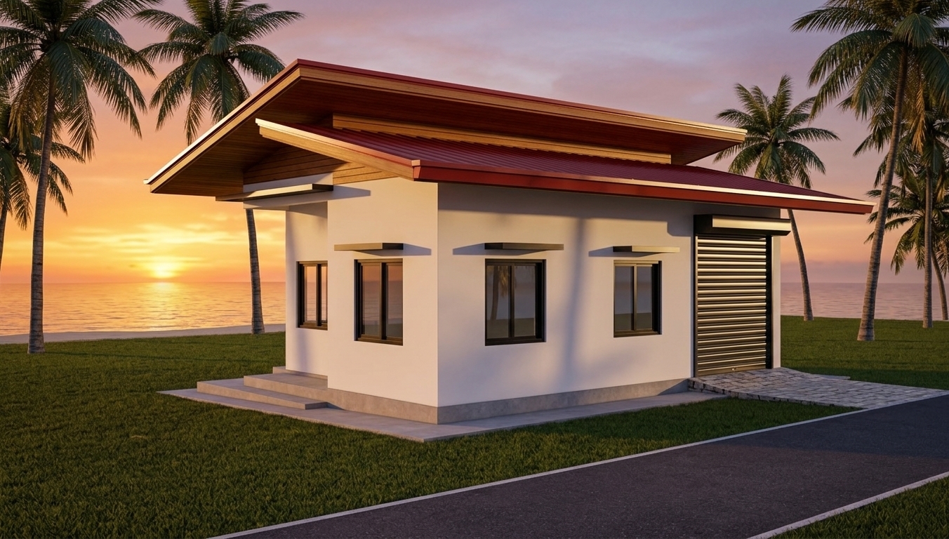An incredibly lifelike, richly detailed, photorealistic wide-angle exterior architectural photo of a modern single-story minimalist haven featuring a bold, double-pitched red metal roof, crisp smooth white walls, and a sleek dark metallic roll-up shutter door set in a vibrant outdoor garden with a tropical coconut beach background. The scene is illuminated by the long, warm rays of a glowing summer sunset dipping toward the calm ocean waters, creating a tranquil and inviting atmosphere. Captured with a professional 35mm architectural lens with sharp focus throughout, emphasizing the subtle texture of the pristine white plaster walls, rich teak-wood soffits under the broad eaves, and realistic glass reflections within the dark aluminum window frames. The compact structure rests alongside a manicured lawn and stone-paved ramp connecting to a dark asphalt driveway in the foreground, with tall coconut palms silhouetted against a sky painted in radiant shades of amber, crimson, and soft violet. Long, soft shadows stretch across the pristine white facade while twilight highlights gleam along the metallic roof edges, evoking the perfect balance of modern design and relaxed coastal living.