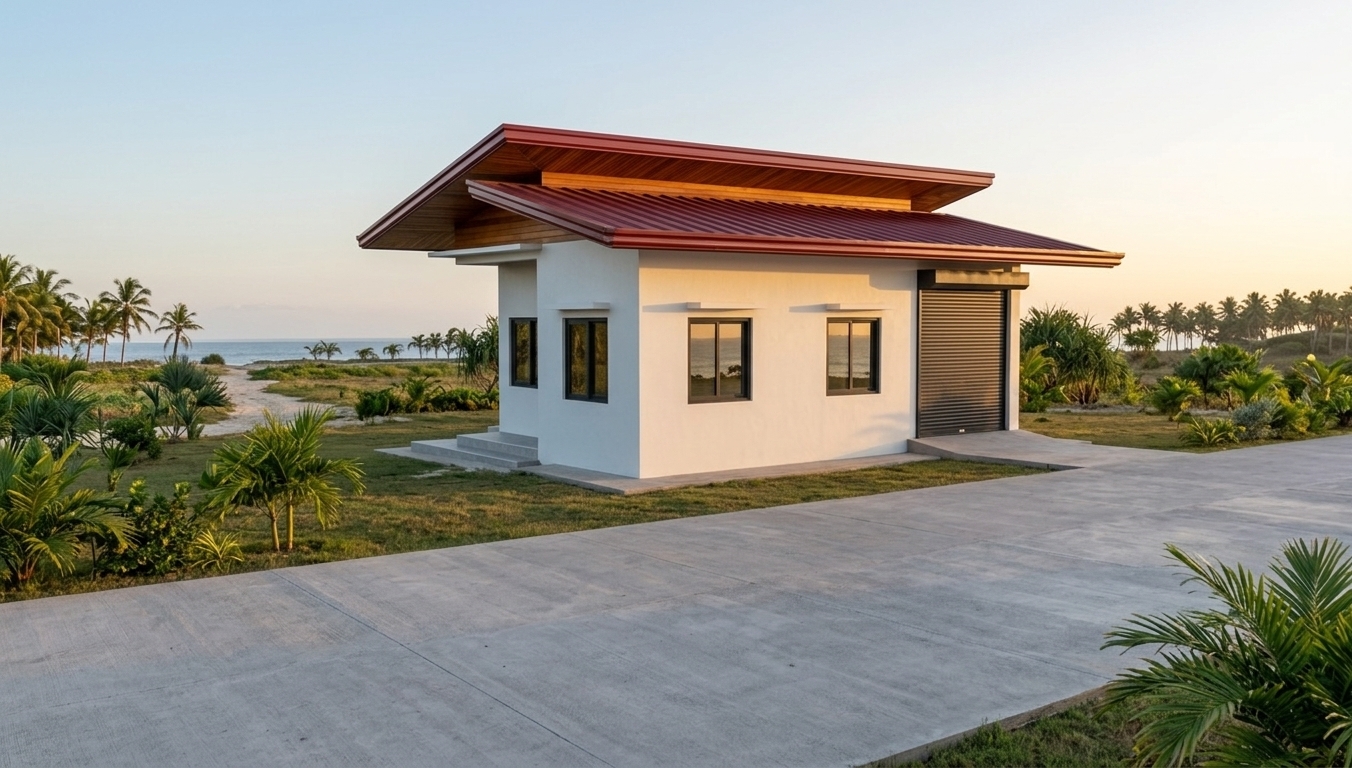 An incredibly lifelike, richly detailed, photorealistic wide-angle exterior photo of a modern single-story minimalist home set in a lush coconut beach coastal environment. The scene is illuminated by the low golden rays of a vibrant summer sunset, creating a serene, inviting minimalist haven atmosphere. Captured with a professional full-frame camera and a 35mm wide-angle lens, emphasizing the crisp finish of smooth coconut beach white stucco walls, the bold contour of deep red metal corrugated roofing, and the polished warmth of timber-slatted soffits beneath wide protective eaves. Dark charcoal-framed glass windows catch subtle golden reflections of the twilight sky, balanced by a dark metallic roll-up garage shutter on the side that aligns with a smooth paved driveway. Surrounding the structure, a manicured outdoor garden lawn and lush tropical foliage soak in the gentle dusk light, casting long, soft shadows that underscore the clean lines, spatial depth, and peaceful architectural elegance of the property.