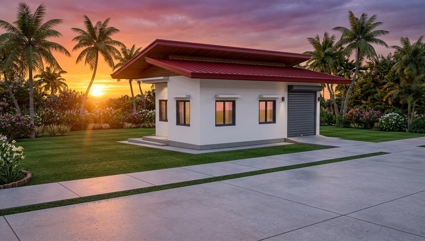 An incredibly lifelike, richly detailed, photorealistic wide-angle exterior photo of a single-story mid-century modern home set in a tranquil coconut beach garden in spring. The scene is illuminated by the radiant golden glow of a dramatic sunset, creating a serene and luxurious atmosphere. Captured with a 35mm architectural lens, emphasizing the rich contrast of the vibrant red roofing, pristine white floor-to-ceiling walls, and natural wood soffit textures, the home gracefully bridges modern minimalism with tropical living. The low-slung, multi-tiered shed roof features striking deep red metal paneling that catches the fiery twilight light, projecting wide overhangs over immaculate white stucco facade walls. Black-framed glass windows reflect the painted orange, magenta, and purple horizon, while a dark grey metallic roll-up garage door sits beside a smooth concrete driveway. Surrounded by manicured green turf, fresh spring blossoms, and towering coconut palms rustling in the gentle coastal breeze, the sharp geometric lines and understated entry steps cast long, soft shadows that anchor this modern sanctuary seamlessly into its lush beachside environment.