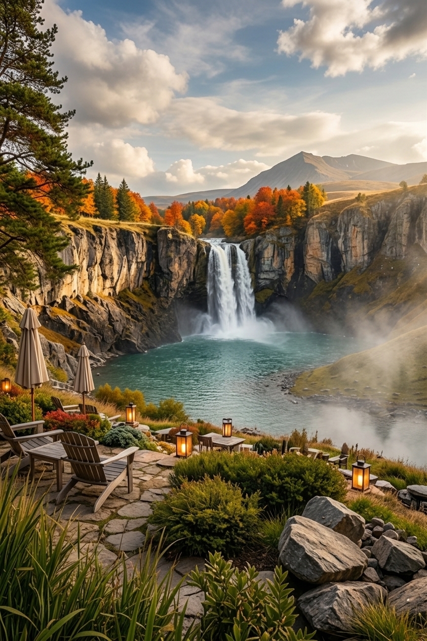 An incredibly lifelike, richly detailed, photorealistic wide-angle landscape photo of an exclusive mountain escape cafe with a rustic outdoor patio set in a vibrant, autumnal alpine valley. The scene is illuminated by soft golden hour light filtering through dynamic, billowy clouds, creating a serene, inviting atmosphere. Captured with a 24mm f/8 landscape lens, emphasizing the rich textures of natural stone paving, warm glowing terrace lamps, crisp autumn foliage, and the dramatic mist rising from the plunging waterfall. Nestled seamlessly on the grassy slope in the foreground, the outdoor patio features sleek wooden seating, parasols, and warm lantern-style terrace lamps that illuminate the dining area, offering an unobstructed, panoramic view of the majestic waterfall cascading into a shimmering turquoise basin surrounded by colorful red and orange trees, dramatic cliff sides, and a towering distant mountain peak.