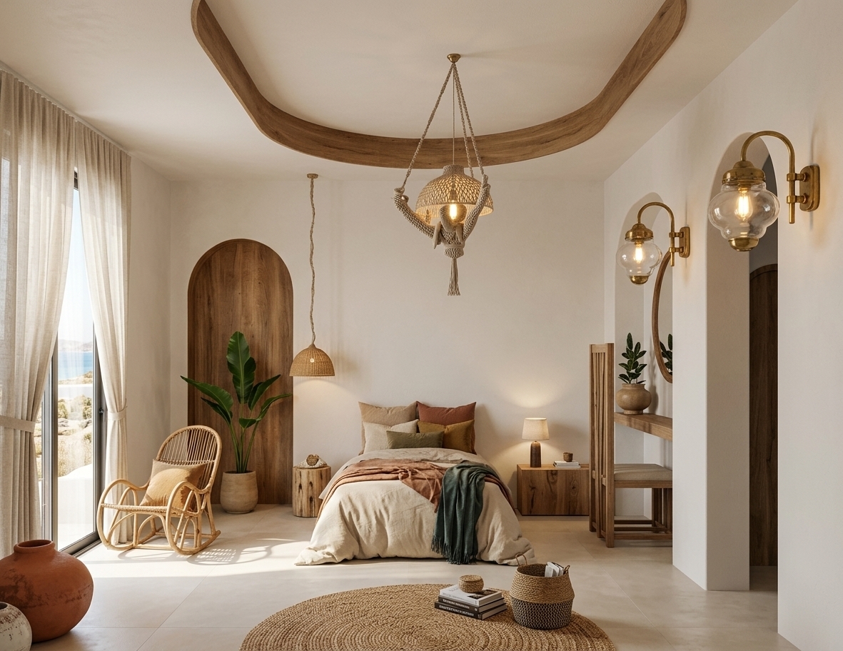 An incredibly lifelike, richly detailed, photorealistic wide-angle interior photo of a bohemian oasis hotel room set in a sun-drenched summer retreat. The scene is illuminated by soft, bright midday sunlight filtering through sheer floor-to-ceiling drapes, creating a tranquil, warm, and free-spirited atmosphere. Captured with a 35mm architectural lens, emphasizing organic wood grains, intricate macrame weaves, tactile linen fabrics, and handcrafted ceramic finishes, the room centers around an inviting bed dressed in soft earthy neutral linens, flanked by an arched wood-lined alcove housing a vibrant leafy plant on one side and a chic vanity area illuminated by classic brass wall sconces on the other. An organic timber beam curves gracefully along the off-white ceiling, framing a suspended macrame pendant light and a woven hanging lamp. To the side, a woven rattan rocking chair rests beside the window, while the smooth, light-toned floor is styled with a circular area rug, vintage-collected pottery, a coffee table photography book, woven basketry, and subtle accents of warm rust, mustard, and deep teal that bring a globally-inspired, eclectic warmth to this sanctuary.