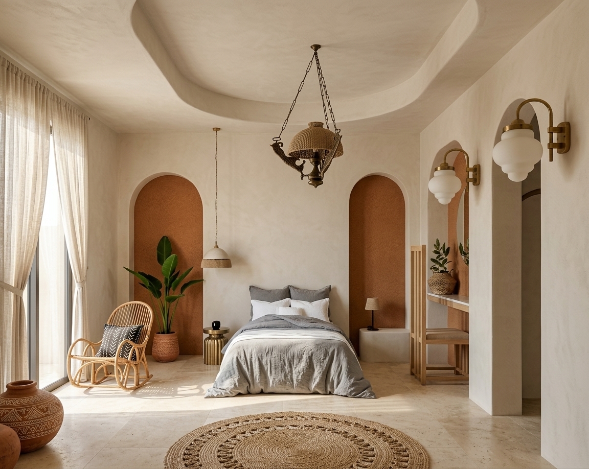 An incredibly lifelike, richly detailed, photorealistic wide-angle interior photograph of a master bedroom in a bohemian oasis set in a serene summer hotel resort. The scene is illuminated by soft midday sunlight streaming through sheer floor-to-ceiling drapes, creating a warm, tranquil, and free-spirited atmosphere. Captured with a high-end 35mm lens, emphasizing the tactile warmth of natural rattan, macrame details, layered organic textiles, and earthy plaster finishes. At the center of the room, a low-profile bed with soft grey and crisp white linens serves as the focal point beneath a unique curved wood ceiling alcove holding an intricate, handcrafted chandelier. Symmetrical architectural arches inlaid with textured, warm rust cork plaster frame the back wall, housing a vibrant potted tropical plant in one nook and a minimalist vanity with milky globe wall sconces in another. To the left, a delicate rattan rocking chair with a black-and-white patterned accent cushion catches the gentle daylight, while a soft, round woven area rug rests gracefully on the polished travertine floor, perfectly conveying an eclectic, globally-inspired interior curated for a luxury architectural photography book.