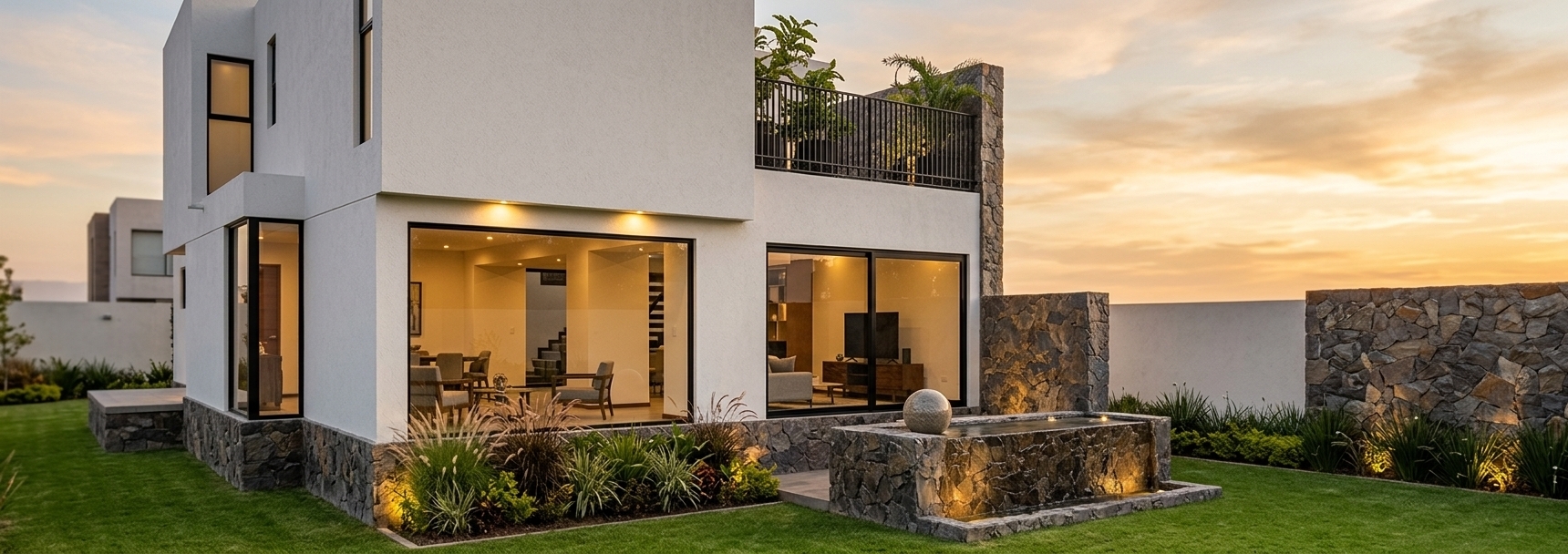 An incredibly lifelike, richly detailed, photorealistic low-angle architectural photo of a mid-century modern luxury home facade set in a serene outdoor garden environment. The scene is illuminated by the warm, golden glow of a late afternoon sunset, creating a tranquil and sophisticated atmosphere. Captured with a professional 24mm tilt-shift lens, emphasizing the high-contrast textures of fine white stucco walls, rugged natural slate stone cladding, and pristine black-framed floor-to-ceiling glass windows. At the base of the residence, a perfectly manicured, emerald-green lawn extends outward, neatly bordered by lush ornamental plants along the edge. An elegant stacked-stone water feature with a polished stone sphere centerpiece serves as a striking focal point, while the second-story terrace features a sleek black metal railing framing thriving potted greenery against the brilliant twilight sky.