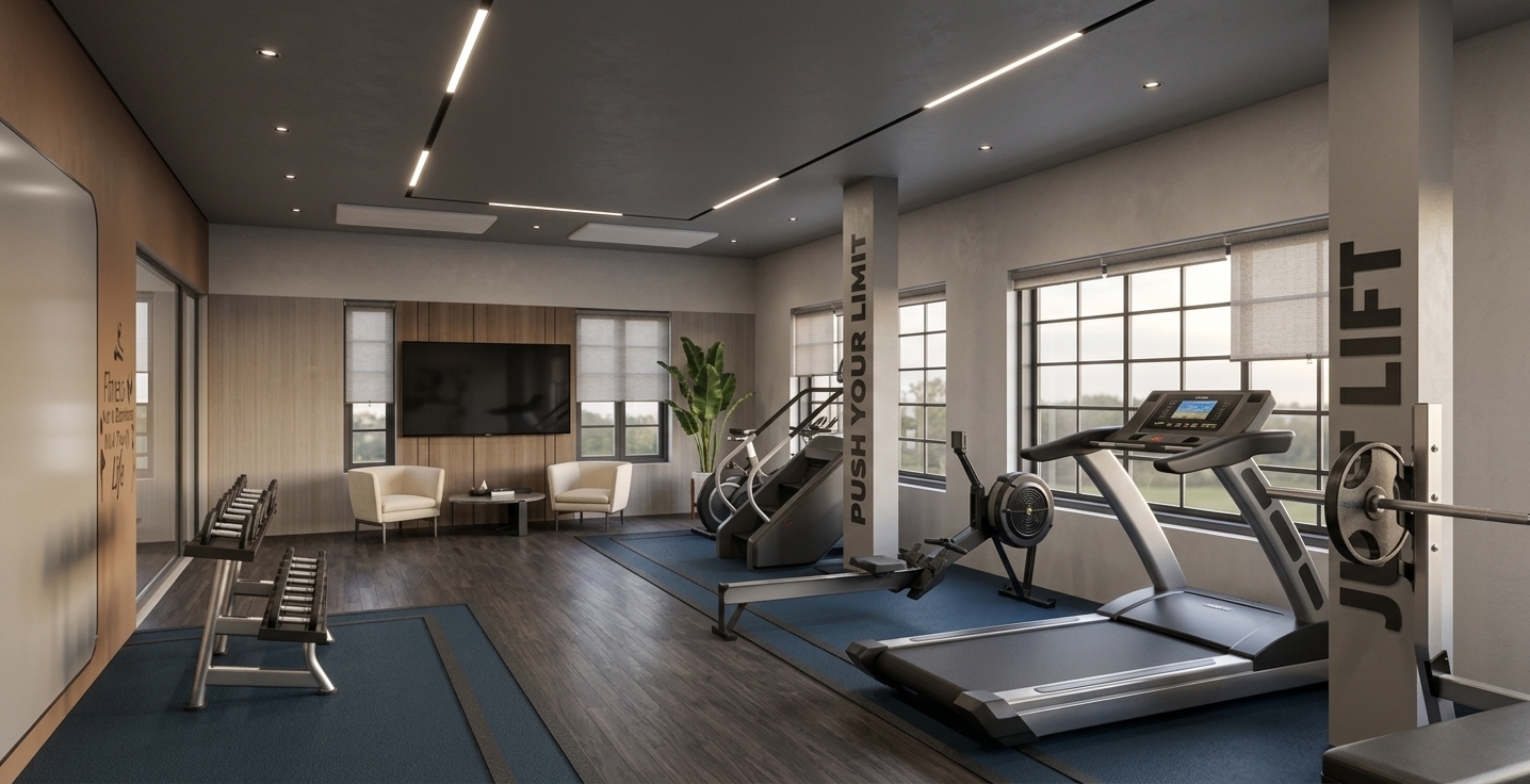 A wide-angle architectural photograph of a modern high-end home gym interior, keeping the exact layout, geometry, camera position, and composition intact. The scene is illuminated by soft daylight filtered through large multi-pane windows on the right, controlled by neutral-toned roller blinds, complemented by warm recessed ceiling spotlights casting gentle, soft-edged shadows. The flooring consists of dense, dark rubber gym matting with blue accent borders, showcasing realistic fine micro-textures and subtle surface wear. Gym equipment—including the treadmill, rowing machine, stair climber, and dumbbell rack—features brushed chrome accents, matte black powder-coated steel frames, and glossy console screens reflecting faint ambient light with subtle fingerprint smudges. The concrete support pillars carry clean matte grey typography against a subtly textured painted surface. In the background, the cozy seating nook features soft cream upholstered armchairs, a sleek dark coffee table, and a wall-mounted flat screen TV over warm vertical wooden slats, beside a lush potted tropical plant with glossy leaves capturing realistic specular highlights. The overall atmosphere feels crisp, high-end, and atmospheric, captured on a full-frame camera with a 24mm lens, deep depth of field, balanced exposure, natural surface reflections, and faint corner vignetting.