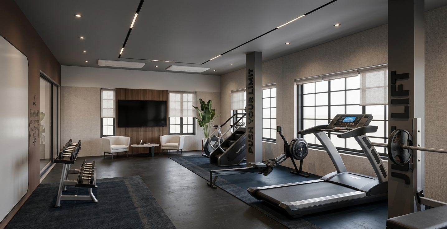 A professional architectural interior photograph of this modern home gym, perfectly maintaining the exact wide-angle perspective, spatial geometry, and layout. The right-hand wall is clad in a sophisticated textured wallpaper with a tactile, finely woven fabric texture that realistically catches the soft, directional daylight filtering through the window blinds. The structural columns featuring the crisp typography "PUSH YOUR LIMIT" and "JUST LIFT" have a smooth matte finish, while the exercise equipment—including the treadmill, rowing machine, stair climber, and dumbbell rack—displays authentic materials such as brushed steel, matte black composite casings, polished chrome accents, and textured rubber handgrips with faint, natural surface wear. Overhead recessed ceiling lights and sleek black magnetic track fixtures cast a clean 3500K warm-white illumination, creating a natural light balance against the cooler ambient daylight from the grid windows. The dark flooring has a satin finish with subtle reflections, anchored by high-density deep blue rubber workout mats under the fitness gear. Soft contact shadows beneath all objects, gentle lens vignetting around the frame edges, and fine surface micro-reflections give the entire scene the depth and clarity of an authentic photograph taken on a professional camera.