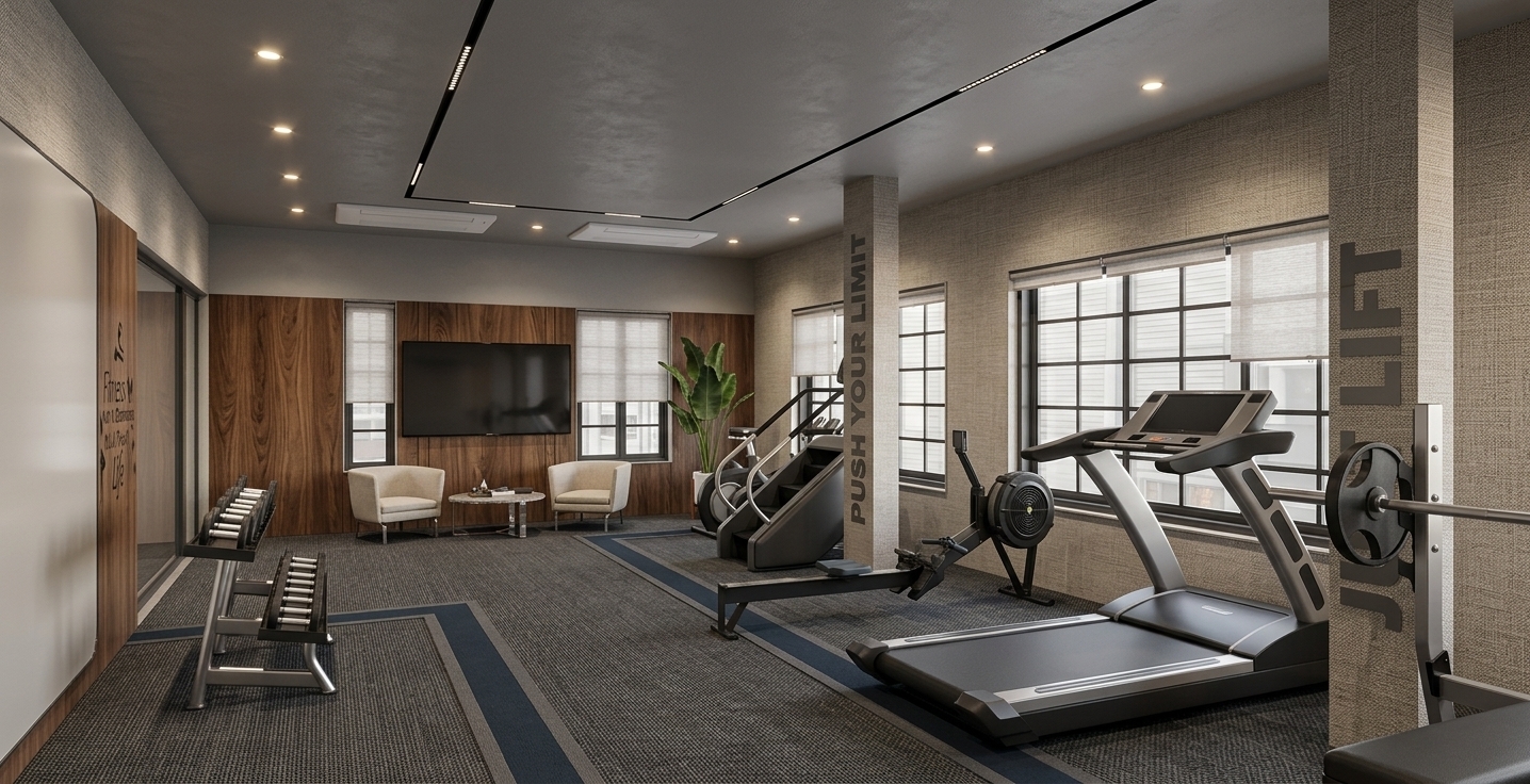 A crisp interior architectural photograph of a modern luxury home gym, maintaining the exact layout, geometry, and wide camera angle of the scene. The right wall is rendered with a high-end, fine-textured woven wallpaper featuring a subtle tactile micro-weave pattern that catches light softly from the adjacent windows. Daylight filters gently through the window blinds, blending seamlessly with warm 3500K recessed ceiling spotlights to cast soft, realistic drop shadows across the dark matte rubber flooring. The fitness equipment, including the treadmill, rowing machine, stair climber, and dumbbell rack, exhibits authentic material realism with powder-coated matte black steel, brushed metallic hardware, textured rubber grips, and faint reflections on glass screens. The plaster pillars feature smooth grey finishes with crisp, realistic graphics. In the background, rich warm wood paneling surrounds a dark flat-screen TV frame behind plush upholstered armchairs. Shot on a wide-angle 24mm architectural lens, the image displays natural depth of field, microscopic surface textures, subtle ambient occlusion, micro-scuffs on the floor, and faint lens vignetting for total photographic authenticity.