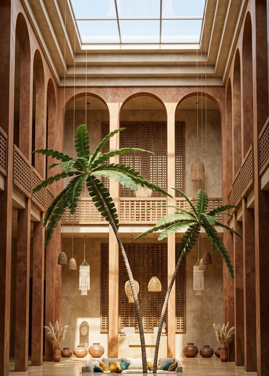 An incredibly lifelike, richly detailed, photorealistic wide-angle interior photo of a grand hotel lobby designed as a serene bohemian oasis set in a luxurious, sun-drenched sanctuary. The scene is illuminated by bright summer midday light streaming effortlessly through a massive, stepped skylight above, creating a warm, airy, and free-spirited atmosphere. Captured with a professional 24mm architectural tilt-shift lens, emphasizing the tactile textures of raw plaster, terracotta arches, intricately carved wooden lattice screens, and vibrant green palm fronds. The soaring multi-level atrium features dramatic, tall arches finished in shades of warm rust and earth tones that frame symmetrical corridors on either side. At the center of the polished, light-reflecting floor, two tall, elegant palm trees arch toward each other over a cozy sunken seating pit filled with soft cream cushions and accent pillows in mustard yellow and deep teal. Woven rattan and macrame pendant lights dangle gracefully at varying lengths from the ceiling overhead, casting subtle shadows on the surrounding walls. Handcrafted terracotta floor vases, bundles of dried pampas grass, vintage-collected ceramics, and subtle tapestry wall art grace the base of the pillars, fully embodying an eclectic, globally-inspired, and richly layered design ideal for a high-end photography book.