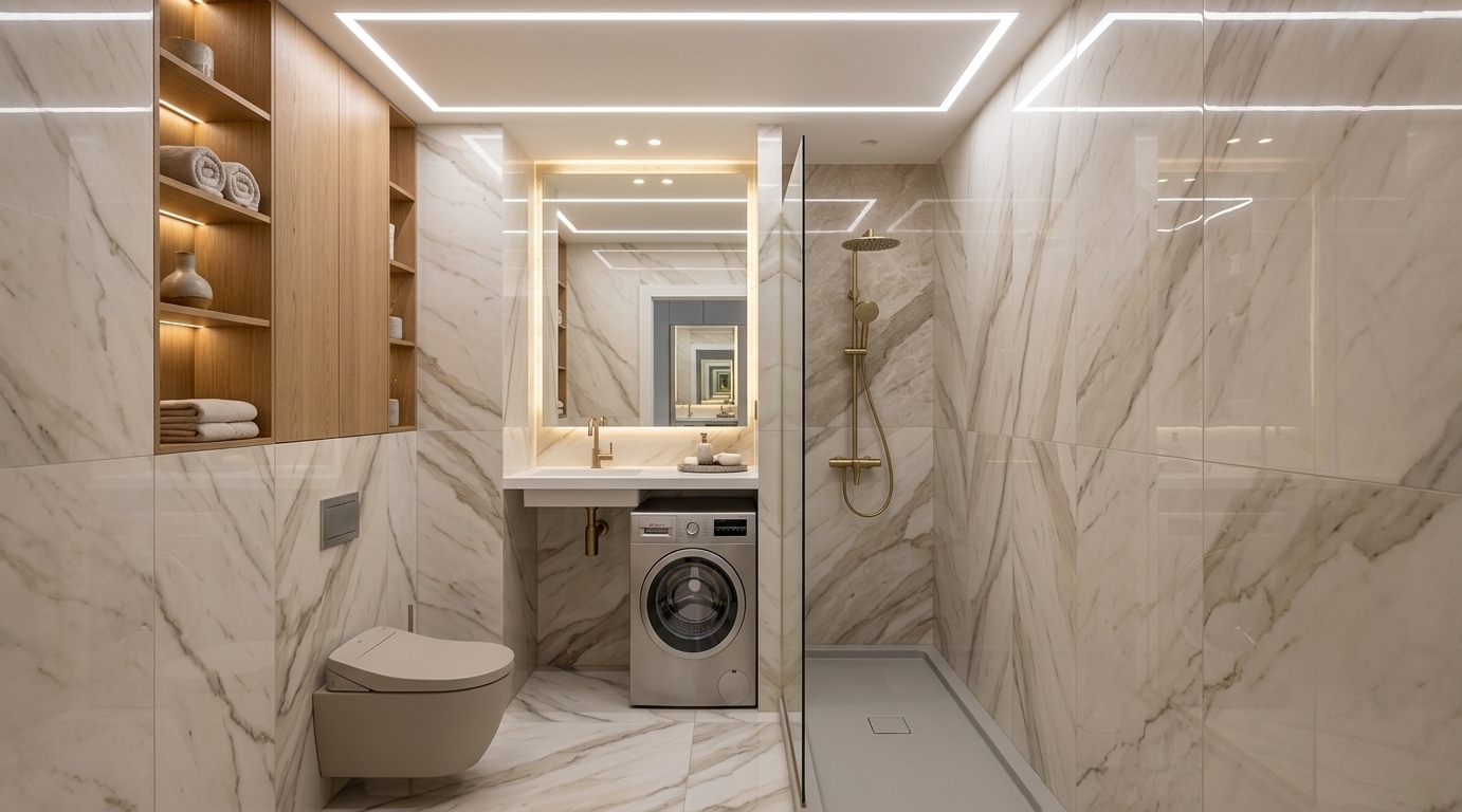 An incredibly lifelike, richly detailed, photorealistic eye-level architectural view of a luxury bathroom set in a modern urban apartment. The scene is illuminated by a striking ceiling perimeter light strip and warm LED accent lighting beneath custom millwork, creating a sophisticated, serene, and light-filled atmosphere. Captured with a professional 24mm wide-angle architectural lens, emphasizing the delicate veining of polished marble surfaces, natural wood textures, and refined matte metallic accents.

Exuding contemporary elegance, the room is clad in large-format polished stone surfaces rendered in luminous shades of warm white, pearl, champagne, and soft gray. On the left, a sleek, wall-hung toilet rests below warm oak wood cabinetry featuring open recessed shelves decorated with soft rolled linens and curated decor. Center stage, a clean-lined white stone counter with a slim metal faucet intelligently accommodates a stainless steel washer underneath, perfectly mirrored above to expand the airy spatial depth. To the right, a glass-enclosed walk-in shower showcases slim metal fixtures and a minimalist rain showerhead, offering an understated, balanced, and perfectly refined sanctuary.