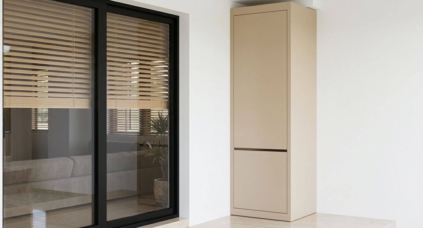 An incredibly lifelike, richly detailed, photorealistic medium shot of a minimalist mudroom corner set in a contemporary luxury home during late spring. The scene is illuminated by bright, clear midday daylight filtering gently through horizontal venetian blinds, creating a calm, sophisticated atmosphere. Captured with a professional 50mm architectural lens, emphasizing the matte satin finish of the Sahara cream cabinetry, the sleek black aluminum sliding door frames, and subtle reflections across the polished light floor tiles.

The custom floor-to-ceiling storage unit stands elegantly recessed against a crisp white wall, featuring flush handleless panels in a refined Sahara cream shade separated by a thin dark reveal detail. To the left, large glass sliding doors with bold black trim reflect the soft ambient light while offering a subtle view of an adjacent living space behind tinted glass and blinds. The composition perfectly captures contemporary elegance through minimalist geometry, clean architectural lines, and a warm neutral palette.