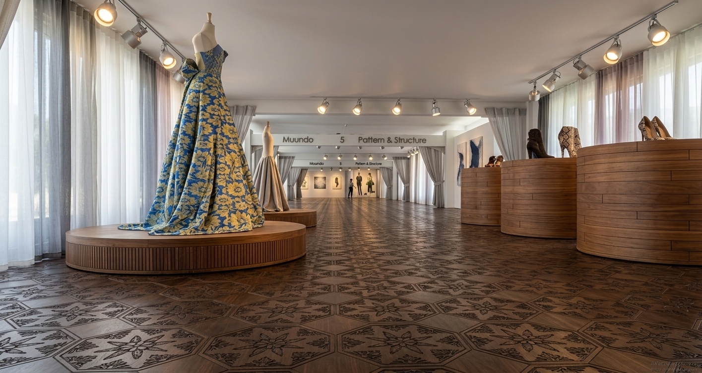 An incredibly lifelike, richly detailed, photorealistic low-angle interior photo of an avant-garde haute couture clothing store and exhibition space set in a luxury design gallery during a bright summer midday. The scene is illuminated by warm directional track spotlights and soft ambient daylight, creating a serene, elegant, and inviting atmosphere. Captured with a 24mm architectural lens, emphasizing the deep textures of the geometric dark walnut flooring, fluid sheer wall drapery, and detailed textile patterns. Functioning as a streamlined minimalist haven, the space embraces a refined palette of crisp whites, muted grays, and subtle pastels along the draped perimeter. In the foreground, an intricate blue and yellow patterned gown drapes beautifully over a mannequin atop a low, circular polished wooden display stage, complemented across the wide aisle by sleek, curved wooden pedestals highlighting designer footwear. The uncluttered layout guides the eye down a central gallery corridor flanked by functional, zen-inspired furnishings, sleek metal track lighting, abstract wall art in distant bays, and sophisticated signage titled "Muundo 5 Pattern & Structure", exemplifying a modern, simple, and beautifully curated fashion sanctuary.