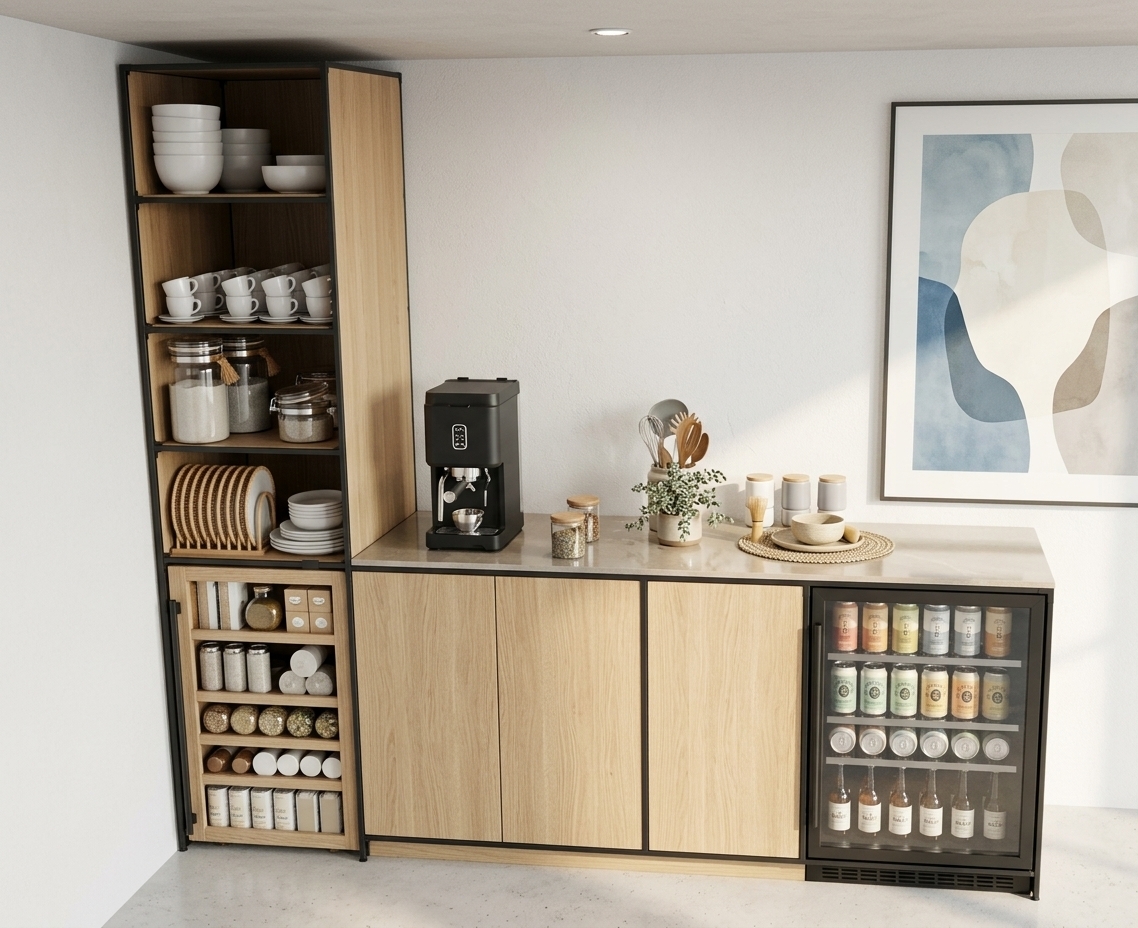 An incredibly lifelike, richly detailed, photorealistic interior photo of a high-end coffee shop station set in a bright contemporary cafe environment. The scene is illuminated by soft, natural sunlight from an unseen window and warm ambient glow, creating an airy, refined, and inviting atmosphere. Captured with a 35mm prime lens with a subtle depth of field, emphasizing natural light oak wood grains, polished stone surfaces, and delicate metallic accents, this space exudes understated sophistication. The bespoke built-in bar features sleek lower cabinets finished in light oak veneer topped with a polished champagne-gray stone counter, seamlessly integrating a glass-fronted beverage cooler filled with neatly stacked artisanal drinks. To the left, a tall, slim tower with matte black metal framing holds curated ceramic bowls, stacked espresso cups, and glass spice jars in warm white, pearl, and soft gray tones. Atop the counter sits a high-end matte-black espresso machine alongside refined ceramic tea accessories and coffee canisters, while a large, framed abstract blue wall art piece brings a calm, balanced burst of color to the understated wall, completing this polished architectural setting.