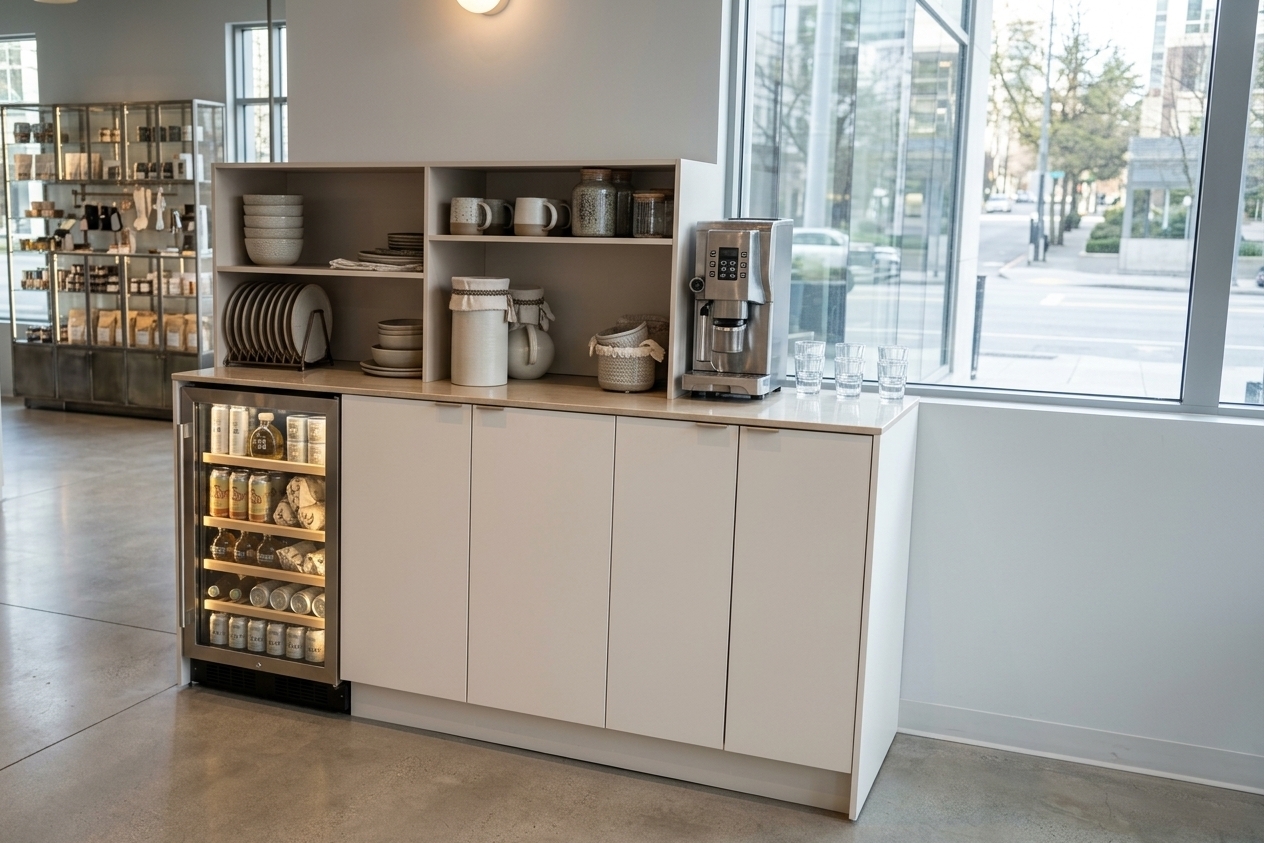 An incredibly lifelike, richly detailed, photorealistic interior photo of a sleek coffee bar station set in a contemporary elegance coffee shop interior. The scene is illuminated by abundant natural daylight streaming through expansive floor-to-ceiling glass windows, creating a light-filled, refined, and airy atmosphere. Captured with a professional 35mm architectural lens at f/4, emphasizing the smooth polished stone surfaces, matte pearl-toned cabinetry, and slim metal accents. The clean-lined cabinetry in shades of warm white and soft gray integrates a glass-door mini-refrigerator, showcasing illuminated wooden shelves stocked with chilled artisan beverages. Resting on the polished champagne-hued stone countertop is an automated espresso machine beside organized glassware, while open upper shelving neatly displays curated ceramic mugs, stacked bowls, and chic canisters. Light reflections dance softly off the polished glass and metal surfaces, giving the understated room a tranquil, sophisticated finish.