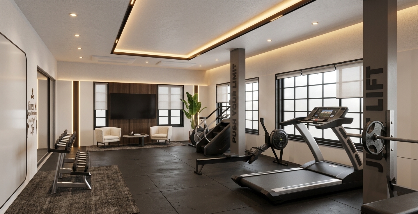 A professional architectural interior photograph of a modern home gym, preserving the exact camera angle, perspective, geometry, and layout of the original image. The room features smooth matte ivory white painted walls with subtle surface texture and fine grain under ambient light. Embedded along the dark recessed ceiling channel, warm linear profile lights glow softly, casting a gentle downward illumination across the smooth white plaster ceiling and throughout the room alongside recessed ceiling spotlights. Natural daylight filters softly through the black grid windows, mingling with the warm interior lighting. All fitness equipment, including the treadmill, rowing machine, stair climber, dumbbell rack, and weight rig, display photorealistic materials—matte black powder-coated metal frames, brushed aluminum trims, dark vulcanized rubber plates, and faint specular highlights on digital display screens. The dark charcoal and navy blue high-density rubber floor mats feature realistic seam textures and subtle surface sheen. In the background, dark wood paneling framing the mounted TV screen adds richness, while a potted plant displays natural foliage sheen. Captured on a full-frame camera with a wide 24mm lens, deep depth of field, natural shadow grounding beneath all equipment, and subtle lens vignetting for an authentic photographic quality.
