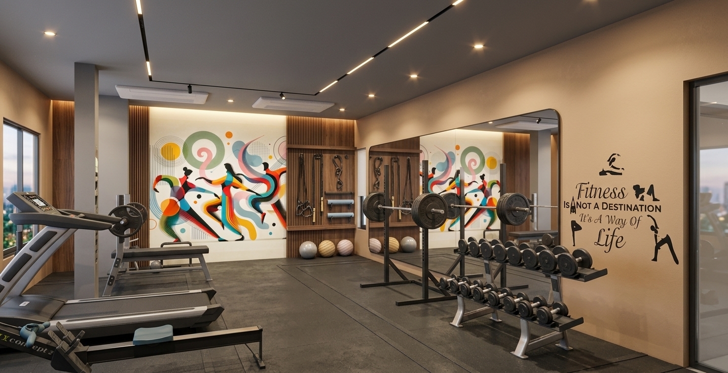 A crisp, wide-angle interior architectural photograph of this modern home fitness studio, preserving the exact camera perspective, spatial layout, and structural geometry of the scene. The walls are finished in a smooth, matte ivory white paint that catches warm ambient light with soft, subtle tonal gradients. The recessed ceiling downlights and linear fixtures are fully illuminated, casting inviting pools of soft, warm 3000K light down onto the floor and surrounding equipment, while creating gentle upward bloom on the ceiling surface. The gym equipment features realistic physical materials: powder-coated black steel frames, knurled chrome barbells and weight plates with subtle reflections, semi-matte rubber dumbbells, textured rubber treadmill belts, and dark vinyl-padded weight benches. The large wall mirror cleanly reflects the room's warm interior lighting and details. The vibrant abstract mural on the far wall is vivid and detailed under warm illumination, while the black typography graphic sits crisp and flat against the ivory wall texture. Natural light falloff, subtle contact shadows beneath all equipment, micro-textures on the rubber matting, and faint lens vignetting contribute to an authentic, high-end photographic feel.