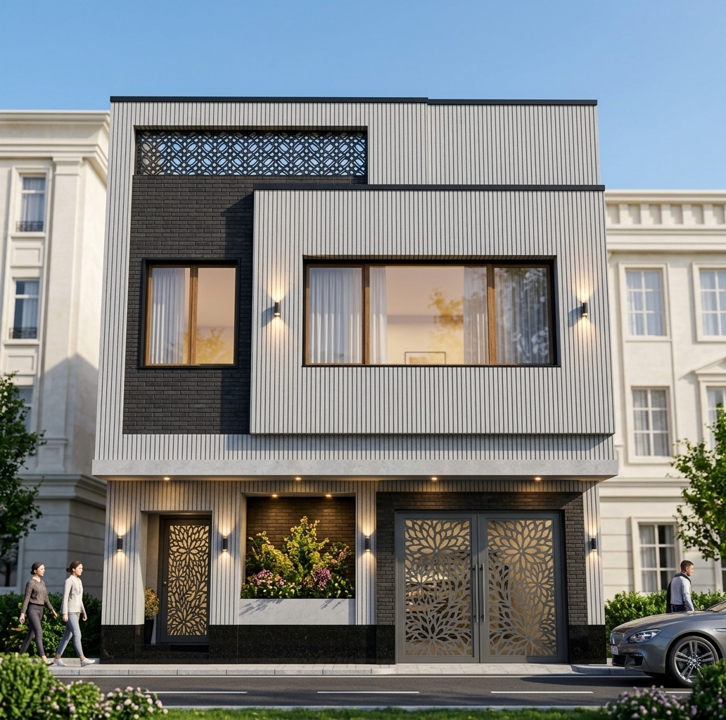 An incredibly lifelike, richly detailed, photorealistic eye-level architectural photo of a luxurious modern urban residence set in a serene contemporary neighborhood flanked by elegant light-colored adjacent buildings. The scene is illuminated by bright midday spring sunlight fused with brilliant two-way up-down wall sconces and recessed ceiling spotlights, creating a sophisticated, highly inviting, and radiant atmosphere. Captured with a professional 35mm tilt-shift camera, emphasizing the crisp vertical grooves of the light gray facade panels, the contrasting dark charcoal brick accent wall, polished black granite plinths, and intricate laser-cut metalwork. 

The building retains its striking geometry, featuring vertically veined gray cladding framed by sharp black trim edges. On the upper floor, expansive timber-framed windows reveal softly glowing interior lighting and flowing sheer curtains behind glass. Below, the original garage shutter is replaced by a grand double-leaf metal door featuring an intricate CNC-cut flower and leaf lattice pattern, mirrored by a matching ornamental metal entry door nestled inside the left vestibule. Recessed spotlights embedded in the console overhang cast a warm glow down upon a vibrant in-built planter filled with lush, blossoming greenery inside the entry recess. Along the clean asphalt road out front, stylish pedestrians stroll past manicured curbside gardens and a sleek luxury vehicle parked near the facade, bringing vibrant life to this modern architectural masterpiece.