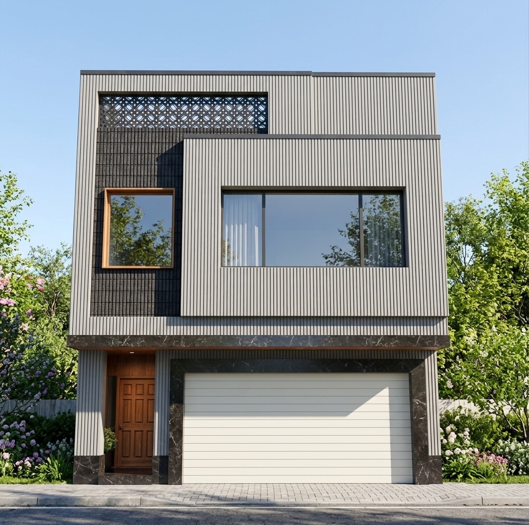 An incredibly lifelike, richly detailed, photorealistic eye-level exterior shot of a modern fusion two-story townhouse facade set in a vibrant spring outdoor garden setting. The scene is illuminated by crisp, bright midday sun directly overhead, creating a clean, high-contrast, and sophisticated atmosphere. Captured with a professional 35mm architectural wide-angle lens, emphasizing tactile material textures, precise structural geometry, and subtle reflections. The upper floor facade features a striking accent panel of charcoal-black vertical textured brickwork framing a large, warm wood-bordered picture window. Above it, an intricate laser-cut CNC metal screen featuring a delicate floral and leaf motif spans the top recessed band, filtering light into artistic shadow patterns. The remainder of the upper elevation is clad in sophisticated light grey vertically fluted ribbed panels. At ground level, a polished dark marble plinth supports a warm timber front door tucked in a cozy entrance recess alongside a clean, wide cream-white horizontal slat garage door, grounded by a realistic paved street in the foreground.