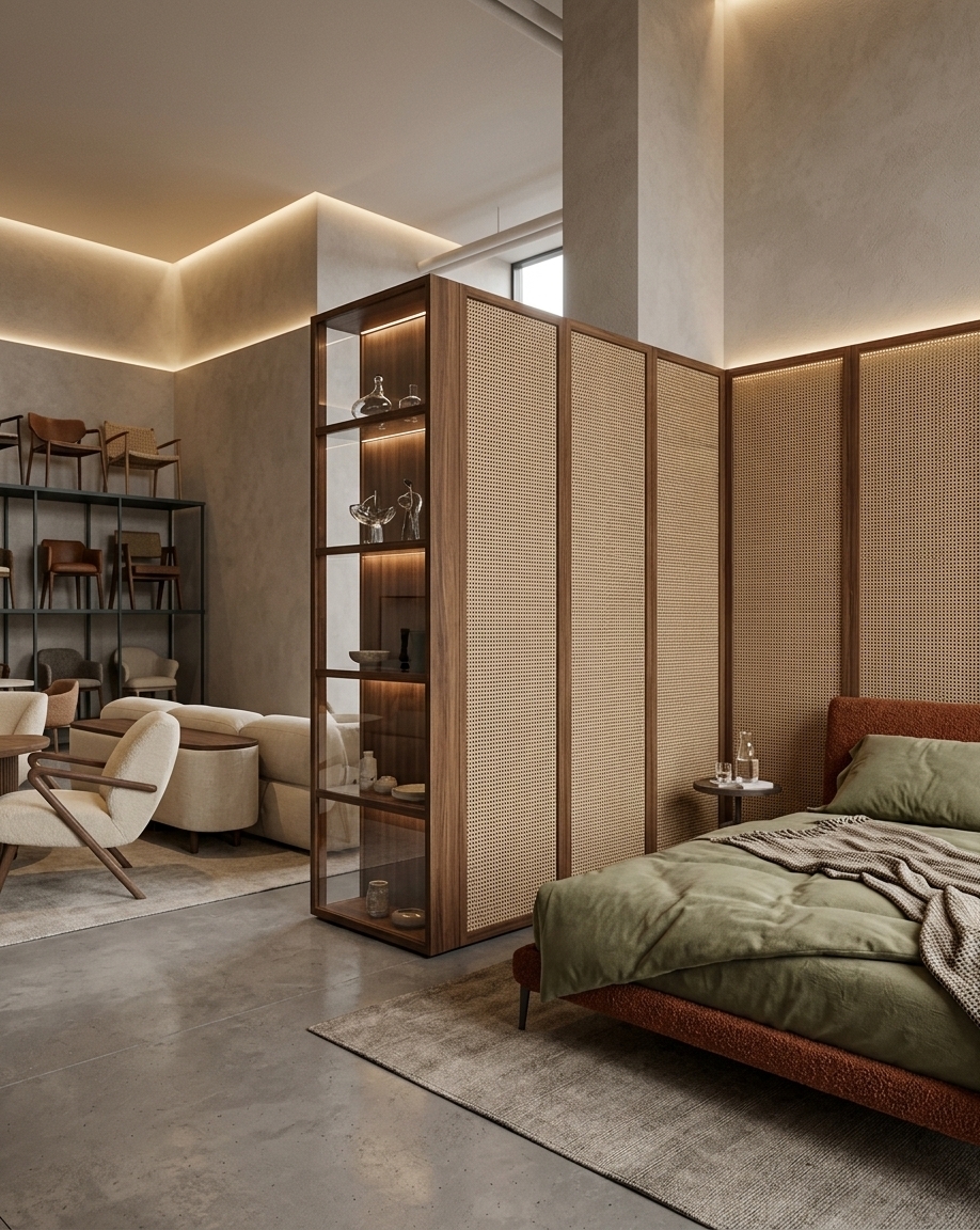 An incredibly lifelike, richly detailed, photorealistic interior photo of a modern bohemian oasis bedroom set in an upscale furniture showroom. The scene is illuminated by warm, diffused hidden cove lighting and ambient architectural accents, creating a serene, earthy, and sophisticated atmosphere. Captured with a 35mm prime lens with a medium depth of field, emphasizing rich material transitions and tactile fabric qualities, the wall directly behind the headboard is elevated up to the exact height of the central white partition closet using a bespoke feature paneling made of vertical woven natural rattan mesh framed in rich, warm walnut wood, topped with a subtle wash of soft LED backlighting. Complementing this bohemian texture, the bed frame is upholstered in a deeply textured, tactile burnt-sienna bouclé fabric, offering a vibrant contrast to the soft olive-green duvet and muted plaster background. In the deeper spatial plane of the showroom, modern designer chairs displayed on dark wood shelving and plush seating modules add sophisticated layers, demonstrating how this bohemian sanctuary harmoniously blends luxury residential comfort with high-end commercial design.