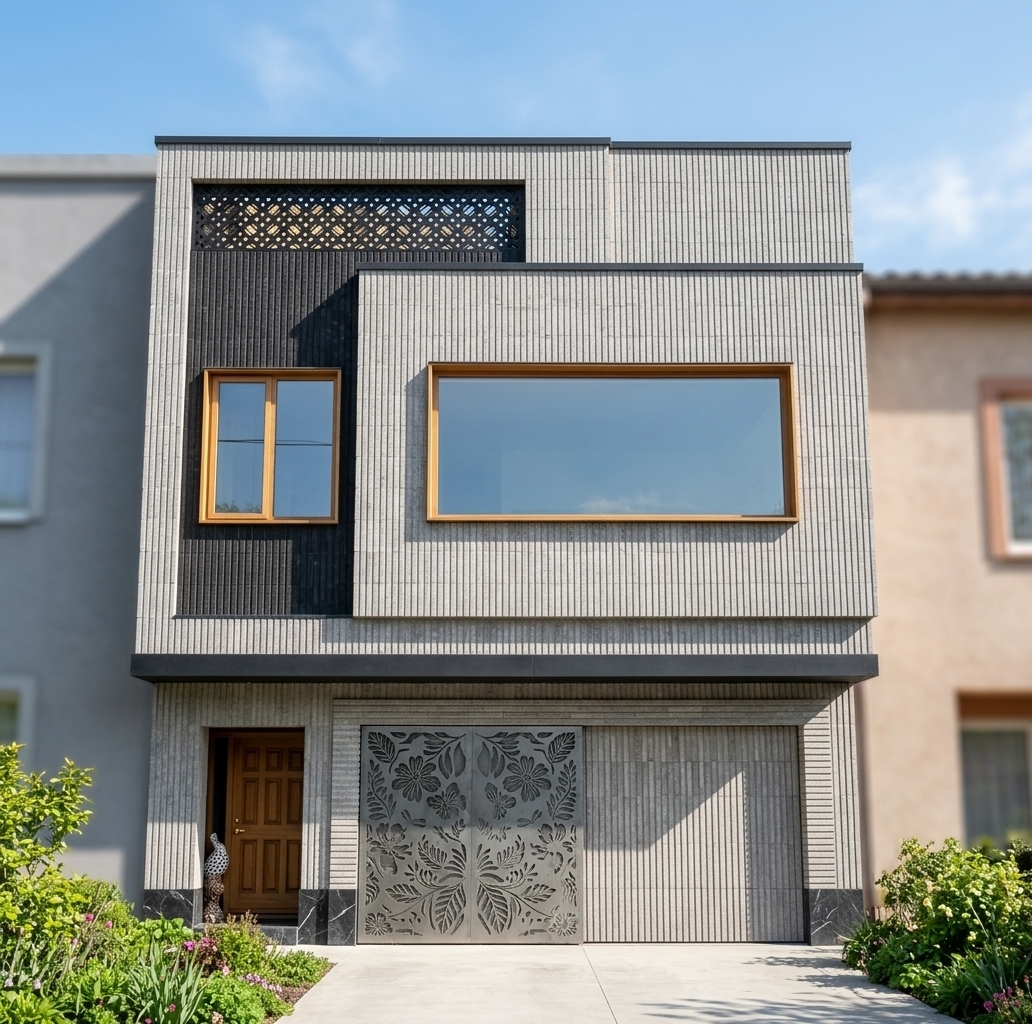 An incredibly lifelike, richly detailed, photorealistic exterior architectural shot of a modern fusion two-story residence set in a vibrant outdoor garden during spring. The scene is illuminated by brilliant, direct midday sunlight, creating a bright, serene, and sophisticated atmosphere. Captured with a 35mm architectural tilt-shift lens, emphasizing delicate CNC-cut metalwork, textured vertical brick grooves, and warm natural wood finishes. On the ground level, a elegant metal sliding rail door adorned with intricate CNC flower and leaf patterns replaces the traditional shutter, situated beside a rich warm-timber front door set against a dark marble base accent. The upper facade showcases a striking juxtaposition between light grey vertically veined brickwork and a deep black vertical brick panel on the left framing a square window. Capping the upper left facade, an intricate black CNC-cut flower and leaf metal screen beautifully filters daylight, while a expansive oak-framed panoramic window anchors the upper story, all framed by fresh spring greenery and a smooth concrete driveway.