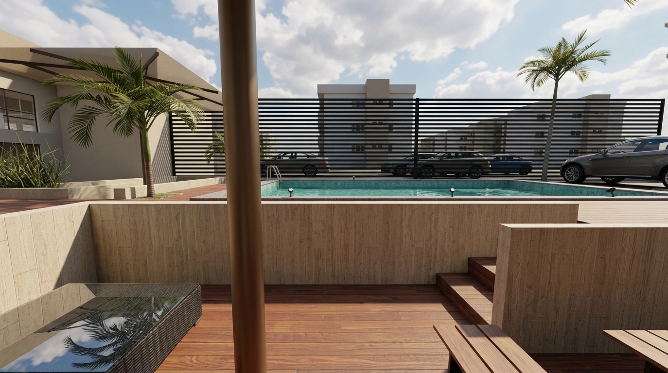 An incredibly lifelike, richly detailed, photorealistic low-angle interior-to-exterior shot of a modern sunken outdoor lounge terrace set in a luxurious residential courtyard environment. The scene is illuminated by bright, warm daylight filtering through a soft cumulus cloud-dappled sky, creating a tranquil, sophisticated atmosphere. Captured with a full-frame DSLR and a 24mm wide-angle lens at ground level, emphasizing the true-to-life PBR materials, tactile textures, and crisp reflections. In the immediate foreground, a dark woven synthetic-rattan table is topped with tempered glass that flawlessly mirrors the blue sky and clouds, while a matte bronze umbrella pole frames the view. Rich reddish-brown wooden deck planks with visible grain lead past beige vertical-grained stone retaining walls into a sunken seating nook. Beyond, a sleek lap pool glows with clear turquoise water framed by wet-stone coping and subtle spotlight fixtures. A tall, black slatted powder-coated privacy fence stretches across the mid-ground, casting sharp, rhythmic shadows across the deck while partially revealing parked vehicles and modern mid-rise apartment buildings in soft focus behind it. Tropical palm trees frame the edges—one leaning gracefully on the right and a sheltered patio canopy on the left—completing this contemporary, sun-drenched architectural sanctuary.