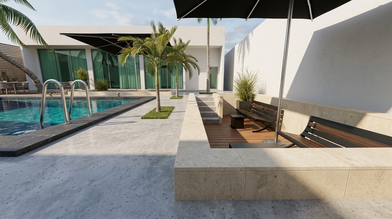 An incredibly lifelike, richly detailed, photorealistic ground-level view of a luxury pool deck and sunken lounge terrace set in a contemporary resort-style villa environment. The scene is illuminated by bright, clear daylight with a warm directional sun casting crisp, geometric shadows, creating a serene, upscale outdoor living atmosphere. Captured with a full-frame DSLR using a 24mm wide lens at hip height, emphasizing the fine mottled textures of polished concrete, natural wood grains, and the vibrant specular highlights on pool water and chrome fixtures.

In the foreground, the smooth light-gray troweled concrete deck stretches forward with subtle sky reflections and natural stone imperfections, bordered diagonally by a low beige limestone wall with mitered edges. To the left, a dark stone-coped pool exhibits a shimmering turquoise-to-navy gradient with realistic caustic water patterns and two gleaming stainless-steel ladder rails reflecting the bright sun. Mid-ground palm trees rise from square lawn cutouts, their detailed ringed trunks and translucent backlit fronds casting soft, dappled shade across the deck. To the right, a recessed outdoor lounge features warm oiled-wood decking, sleek dark modern benches, and concrete access steps tucked against a neutral stucco wall. A massive black cantilever umbrella dominates the upper right frame, casting a bold diagonal shadow while its fabric edge gently catches a subtle sun flare from the pale blue sky above. In the background, the villa’s minimalist white facade is fronted by green-tinted floor-to-ceiling glass panels that offer soft, subtle reflections of the tranquil outdoor setting.