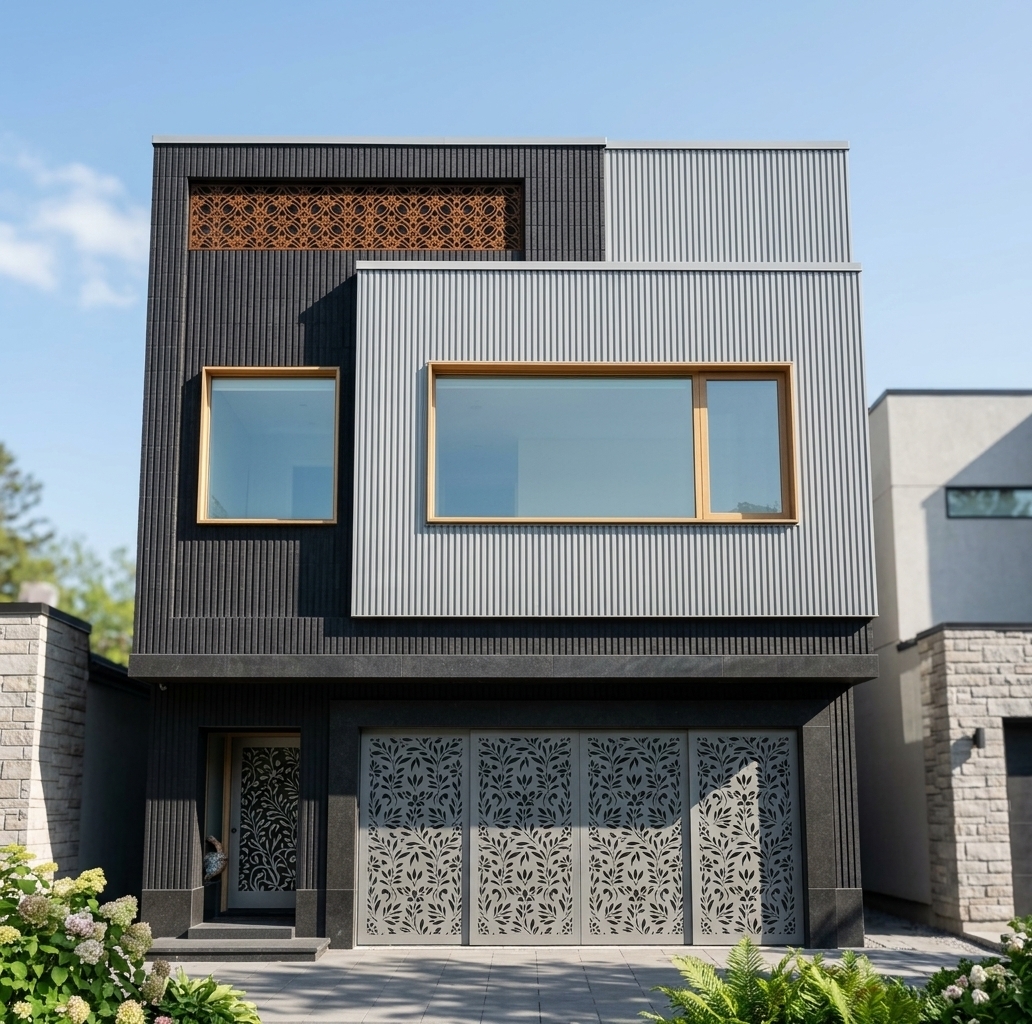 An incredibly lifelike, richly detailed, photorealistic eye-level exterior shot of a modern fusion two-story townhouse facade set in a lush spring garden environment. The scene is illuminated by crisp, bright midday sunlight casting clean, sharp geometric shadows, creating a serene and sophisticated atmosphere. Captured with a 35mm tilt-shift architectural lens, emphasizing tactile grooved facade panels, intricate CNC-cut floral steelwork, and rich dark masonry textures... 

The ground floor features a custom metal rail sliding door across the garage bay, laser-cut with an elegant, flowing CNC flower and leaf pattern. To the left, the recessed vestibule houses a matching metal door adorned with delicate CNC-cut floral filigree, sitting atop a dark polished stone plinth. The upper story presents a clean composition of light-gray vertically ribbed wall cladding, contrasted by a bold accent section on the upper-left clad in deep black bricks with crisp vertical grain grooves. Floating within these textured volumes are expansive double-pane windows framed in warm natural timber, reflecting the soft blue sky. At the topmost crown of the dark accent section, a beautifully crafted CNC metal mesh screen with an intricate leaf and flower trellis filters the sunlight, blending artistic organic motifs with the sleek, contemporary lines of modern fusion design.