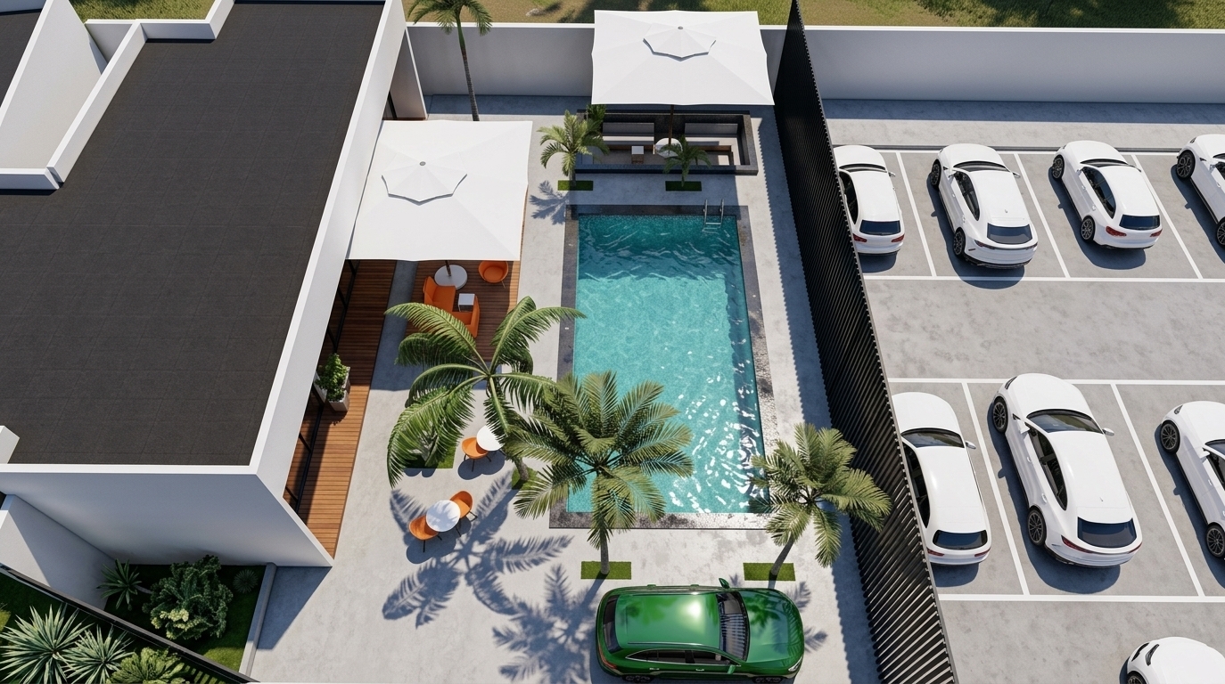 An incredibly lifelike, richly detailed, photorealistic high-altitude top-down drone aerial photograph of a sleek, modern villa courtyard and adjacent parking complex set in a private contemporary estate. The scene is illuminated by bright, direct midday sun positioned directly overhead, creating a vibrant, luxurious, and serene tropical modern atmosphere. Captured with a high-resolution wide-angle drone lens from a true nadir perspective, emphasizing crisp architectural lines, realistic material textures, and precise cast shadows. To the left, the flat-roofed villa showcases dark charcoal roofing sheets bounded by pristine white parapet walls and warm wooden decking beneath a large white cantilever umbrella. The central courtyard revolves around a shimmering rectangular pool filled with wind-rippled turquoise water, framed by wet dark stone coping and light-gray troweled concrete paving. Scattered mature coconut palm trees planted in small square turf cutouts cast sharp, organic shadows across the patio, while pop-of-color orange shell chairs and white bistro tables offer intimate poolside seating. To the right, a tall slatted black powder-coated steel fence separates the private lounge area from a spacious parking lot, where a green SUV and several white luxury vehicles display high-gloss automotive paint and realistic glass reflections under the crisp overhead light.