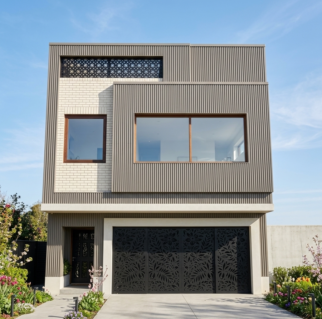 An incredibly lifelike, richly detailed, photorealistic front-elevation architectural photo of a modern fusion residence set in a serene spring outdoor garden setting. The scene is illuminated by bright, clear midday sunlight casting crisp, defined shadows, creating an inviting and sophisticated atmosphere. Captured with a professional 35mm tilt-shift architectural lens, emphasizing the tactile grey fluted wall cladding, linear off-white brick textures, and intricate black laser-cut metalwork. On the ground level, a prominent black metal sliding rail door featuring an ornate CNC-cut flower and leaf design replaces traditional shutters, anchored beside a recessed vestibule where a matching black metal CNC door with delicate botanical cutouts serves as the private entrance. The upper story presents a striking composition, where dark grey vertical ribbed panels frame an accent block of off-white bricks with vertical brick veins surrounding a square wooden-framed window. Positioned directly above this brick section, a customized black metal mesh screen with a CNC flower and leaf pattern elegantly filters the high sunlight. Adjacent to it, a broad panoramic window with warm timber framing subtly reflects the bright sky, seamlessly blending high-end modern fusion aesthetics with organic decorative accents.