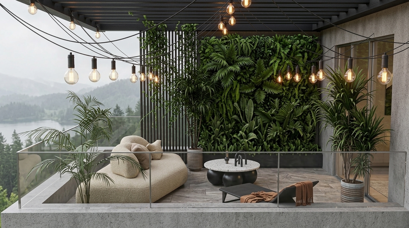 An incredibly lifelike, richly detailed, photorealistic wide-angle photo of a modern rooftop balcony terrace set in a serene hillside environment overlooking misty, forested mountains and a tranquil lake. The scene is illuminated by soft, natural overcast daylight coupled with the warm, glowing radiance of crisscrossed Edison string lights, creating a relaxing, free-spirited bohemian oasis atmosphere. Captured with a high-end 35mm architectural lens, emphasizing the rich contrast between lush botanical foliage, soft textured bouclé fabric, smooth terrazzo, and sleek glass railings, this inviting outdoor haven feels deeply connected to nature. A low-profile, curved sofa in an earthy, cream-colored bouclé fabric anchors the seating area, accompanied by a sculptural, round terrazzo coffee table resting on glossy black spherical legs. Adjacent to it, a sleek dark recliner is casually draped with a warm rust-toned throw, adding a touch of eclectic warmth. A dense vertical living wall packed with vibrant tropical plants and ferns serves as a backdrop, bordered by dark vertical slat screens and tall potted palms. Overhead, a dark pergola frame supports delicate festoon lighting that casts soft reflections across the stone-tiled floor, while the seamless glass balustrade offers breathtaking, unobstructed views of the misty green horizon beyond.