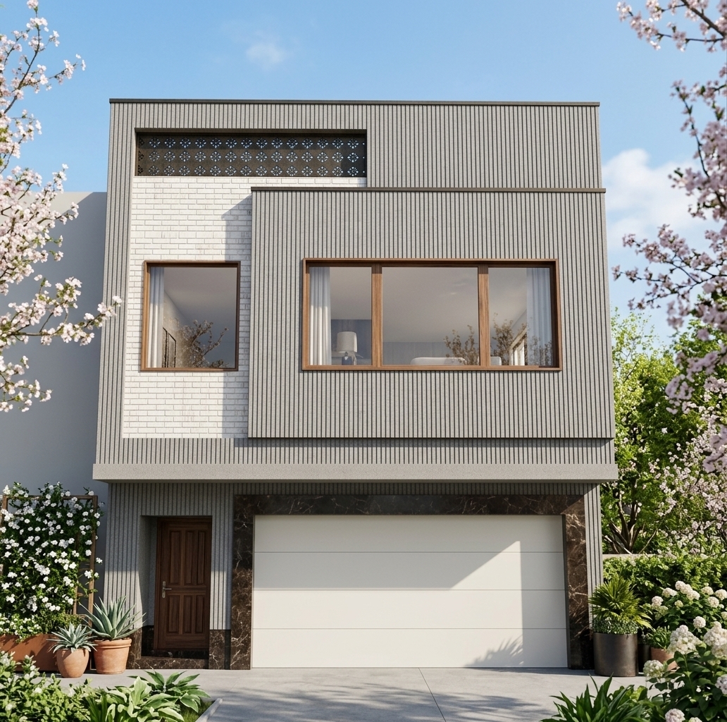 An incredibly lifelike, richly detailed, photorealistic straight-on exterior shot of a modern fusion two-story residential building set in a lush, sun-drenched spring outdoor garden. The scene is illuminated by crisp, direct midday sunlight, creating a bright, serene atmosphere with clean geometric shadows. Captured with a professional 35mm architectural tilt-shift lens, emphasizing the sophisticated textures of the structure—specifically highlighting the upper floor's left facade featuring tactile white bricks detailed with subtle vertical veins. This pristine brickwork contrasts beautifully with the surrounding grey vertically ribbed composite panels, warm timber-framed windows, and the dark perforated lattice screen running along the top header. Down below, a clean off-white garage door and a rich dark wood entrance door are tastefully framed by polished dark marble base accents, seamlessly integrating the modern design into its serene outdoor surroundings.