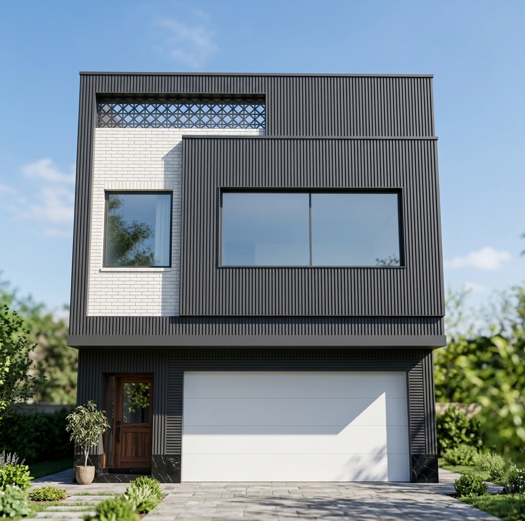 An incredibly lifelike, richly detailed, photorealistic front-elevation architectural photo of a modern fusion residence set in a lush outdoor garden. The scene is illuminated by crisp, direct midday sunlight on a clear spring day, creating a clean, sophisticated atmosphere. Captured with a professional 35mm tilt-shift lens, emphasizing the rich tactile interplay between geometric forms and raw exterior materials, the upper floor of the left facade highlights elegant white bricks detailed with fine vertical veins, framed by dark grey vertically ribbed cladding. Expansive, dark-framed picture windows reflect the sky's soft blue glow, balanced by a refined decorative lattice screen along the top overhang. Down below, a sleek white garage door and a dark warm-toned wood entrance door are complemented by polished black marble trim at the base, seamlessly anchored by fresh spring greenery and manicured garden elements in the surrounding landscape.