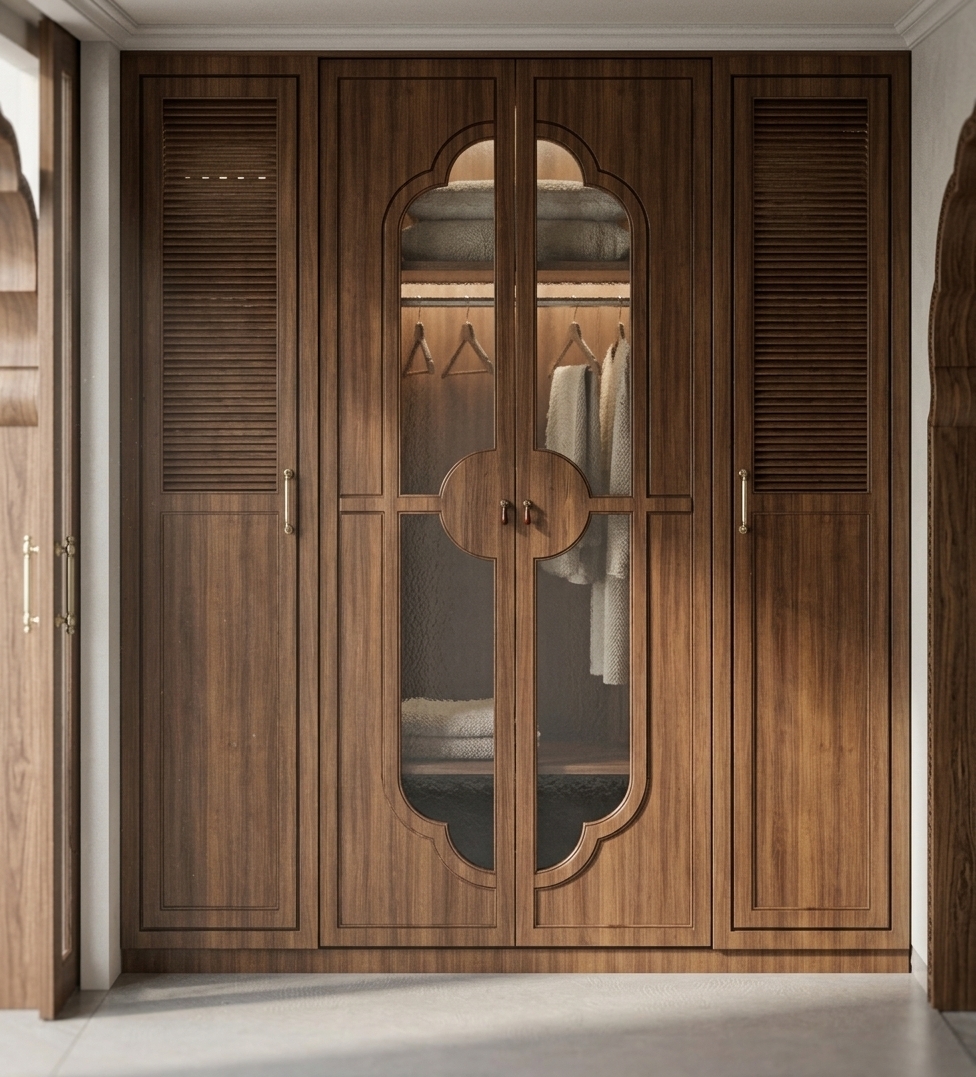 A photorealistic architectural interior photograph of the exact wooden wardrobe composition shown in the image, captured from a straight-on, eye-level perspective with a 50mm lens at f/5.6. The wardrobe is crafted from rich dark walnut wood featuring an authentic satin sheen, visible organic wood grain patterns, and micro-textures along the chamfered edges of the louvered side panels and ornamental central door trims. The glass panels on the middle doors exhibit realistic clear transparency with subtle, soft ambient reflections of the room interior, alongside faint dust flecks and microscopic finger smudges near the smooth circular wood handles. Soft, warm interior lighting at 3200K casts gentle directional shadows inside the recessed louvers, along the ceiling molding, and under the base trim. The flanking wall frames and top molding show a smooth matte plaster paint texture, while the floor presents a subtle textured surface with natural light falloff. The overall photograph has crisp edge definition, natural light diffusion, realistic depth of field, very fine film grain, and faint vignetting around the frame to deliver an authentic, true-to-life architectural image.