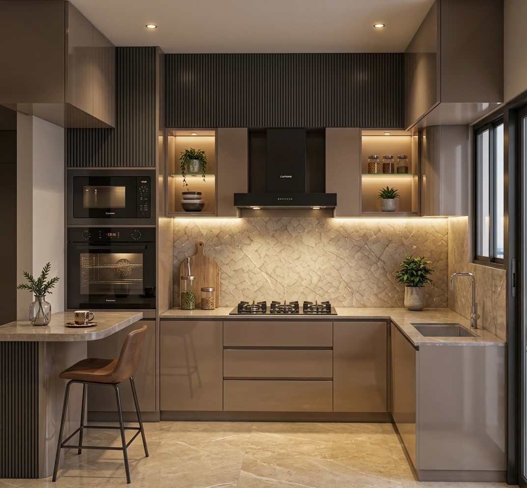 An incredibly lifelike, richly detailed, photorealistic straight-on interior shot of an Art Deco glamour kitchen set in a luxurious modern penthouse. The scene is illuminated by ambient recessed ceiling lights and warm, glowing LED backlighting beneath the upper cabinets, creating a chic, intimate, and extravagant atmosphere. Captured with a professional 35mm architectural lens, emphasizing the rich contrast between deep charcoal accents, polished surfaces, soft mushroom-taupe lacquer finishes, and intricately textured fluted panels. The streamlined L-shaped layout features minimalist lower cabinetry paired with polished stone-look countertops, framed by vertical dark-toned fluted wall panels extending up to the ceiling. At the heart of the space, a sleek gas cooktop sits beneath a matte-black wall-mounted range hood, perfectly offset by a textured, geometrically patterned backsplash illuminated by continuous warm under-cabinet strip lighting. Glass-backed open display shelves are bathed in soft accent lighting, showcasing curated potted indoor greenery and glassware, while a tall left-hand cabinet seamlessly integrates a dark glass oven and microwave stack. To the side, a cozy breakfast counter with rounded edges and a fluted base hosts a stylish leather bar stool and decorative vase, anchored by a subtly textured tile floor that reflects the warm golden tones of this masterfully composed, high-end culinary haven.