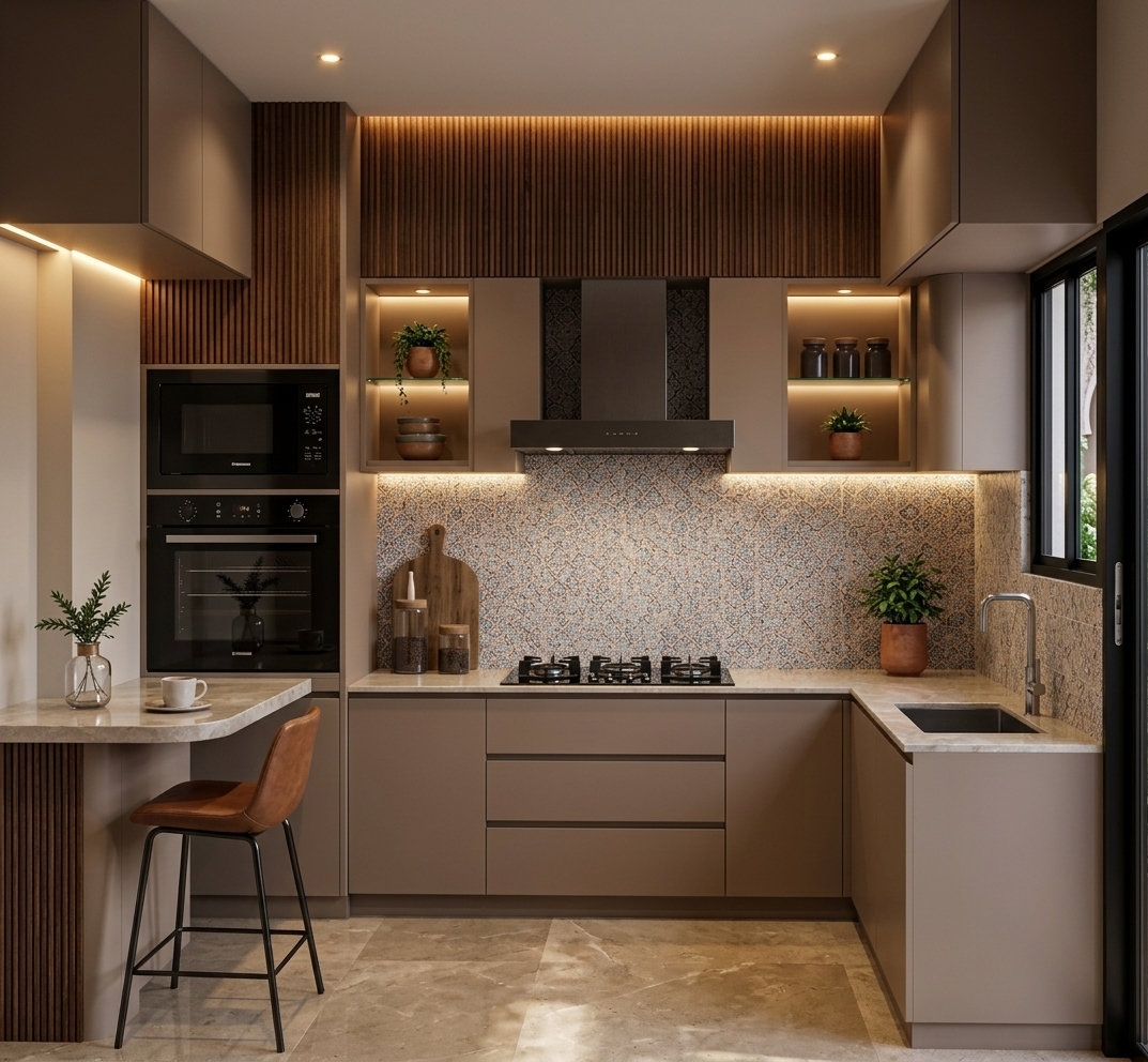 An incredibly lifelike, richly detailed, photorealistic eye-level interior shot of a compact luxury kitchen set in a modern home infused with a subtle Moroccan mystique aesthetic. The scene is illuminated by warm concealed LED strip lighting beneath the upper cabinets, soft under-shelf glowing accents, and focused ceiling downlights, creating a sensual, warm, and inviting atmosphere. Captured with a professional full-frame camera and a 35mm architectural lens, emphasizing the tactile fluted wooden wall panels, smooth matte taupe cabinetry, polished stone countertops, and the delicate patterned tile backsplash. To the left, an integrated tall cabinet tower houses a sleek black oven and microwave stack, positioned right beside a cozy breakfast bar featuring a warm brown leather counter stool with slender black metal legs. The main L-shaped counter showcases an embedded black gas cooktop beneath a minimal dark range hood, while open display niches above house small potted indoor greenery and earthenware jars behind glass shelves. To the right, a dark single-bowl sink with a minimalist chrome faucet sits near a black-framed window, with soft shadows and rich warm undertones reflecting beautifully across the large-format floor tiles, producing a pristine photography-book quality composition.